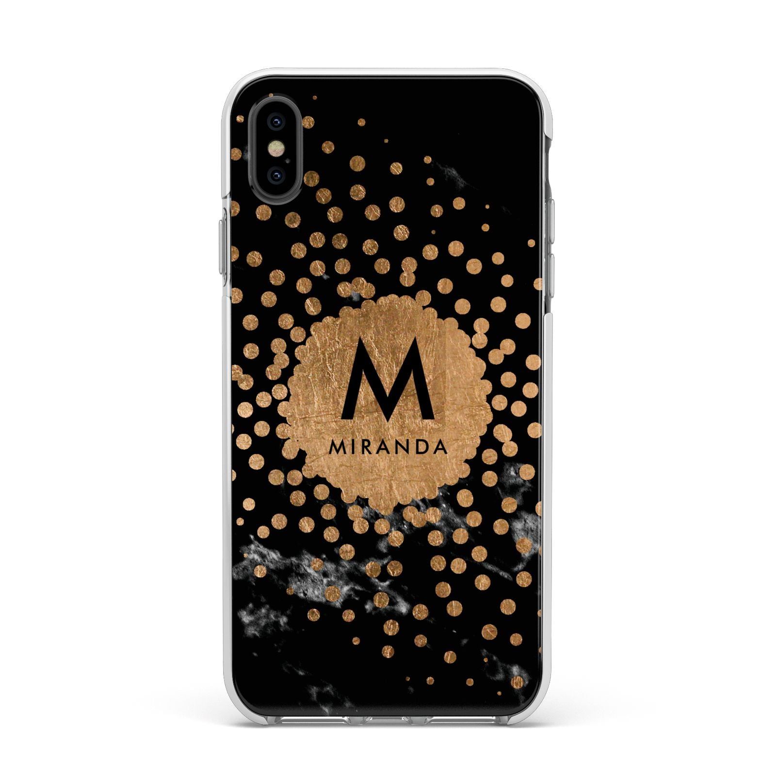 Personalised Copper Black Marble With Name Apple iPhone Xs Max Impact Case White Edge on Black Phone