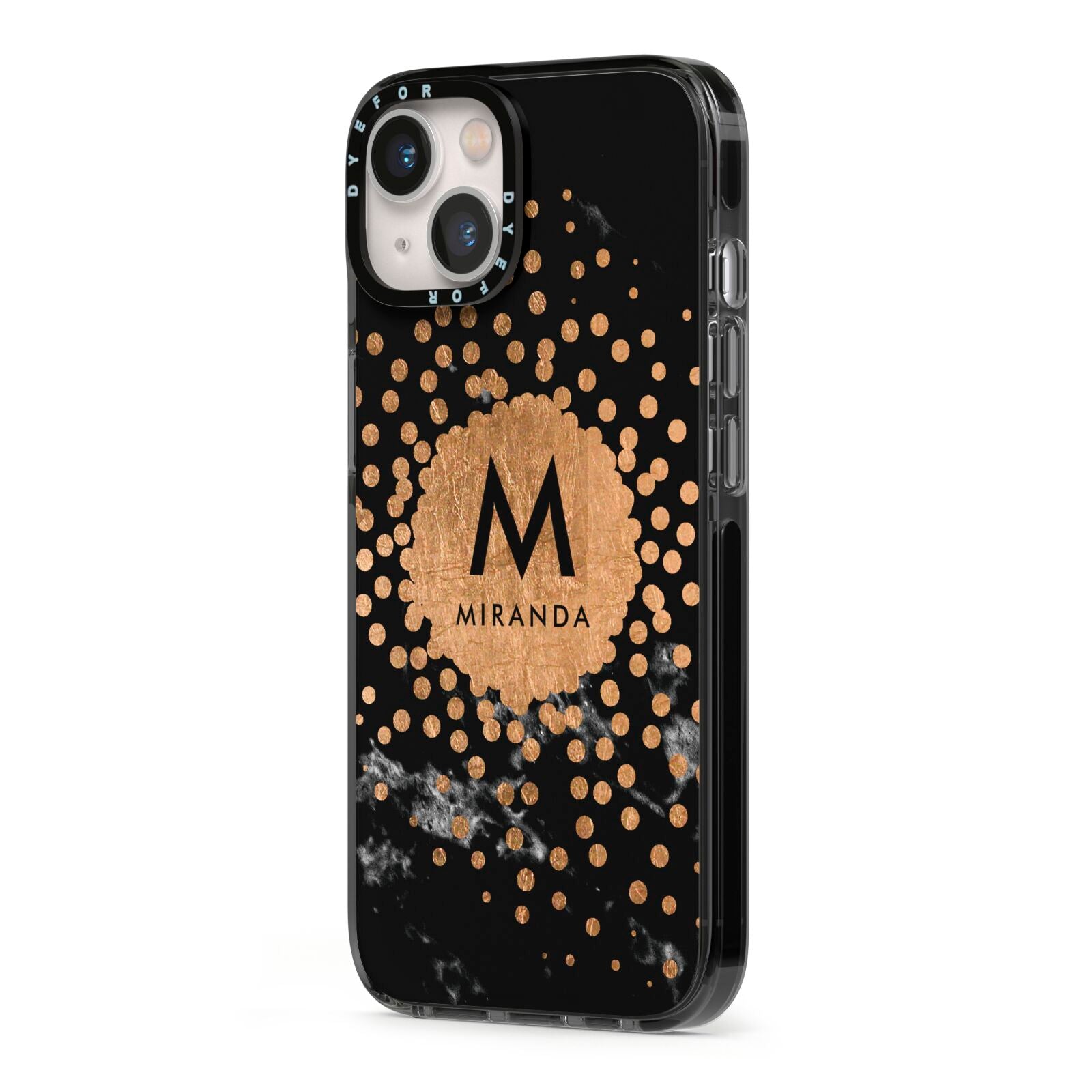 Personalised Copper Black Marble With Name iPhone 13 Black Impact Case Side Angle on Silver phone