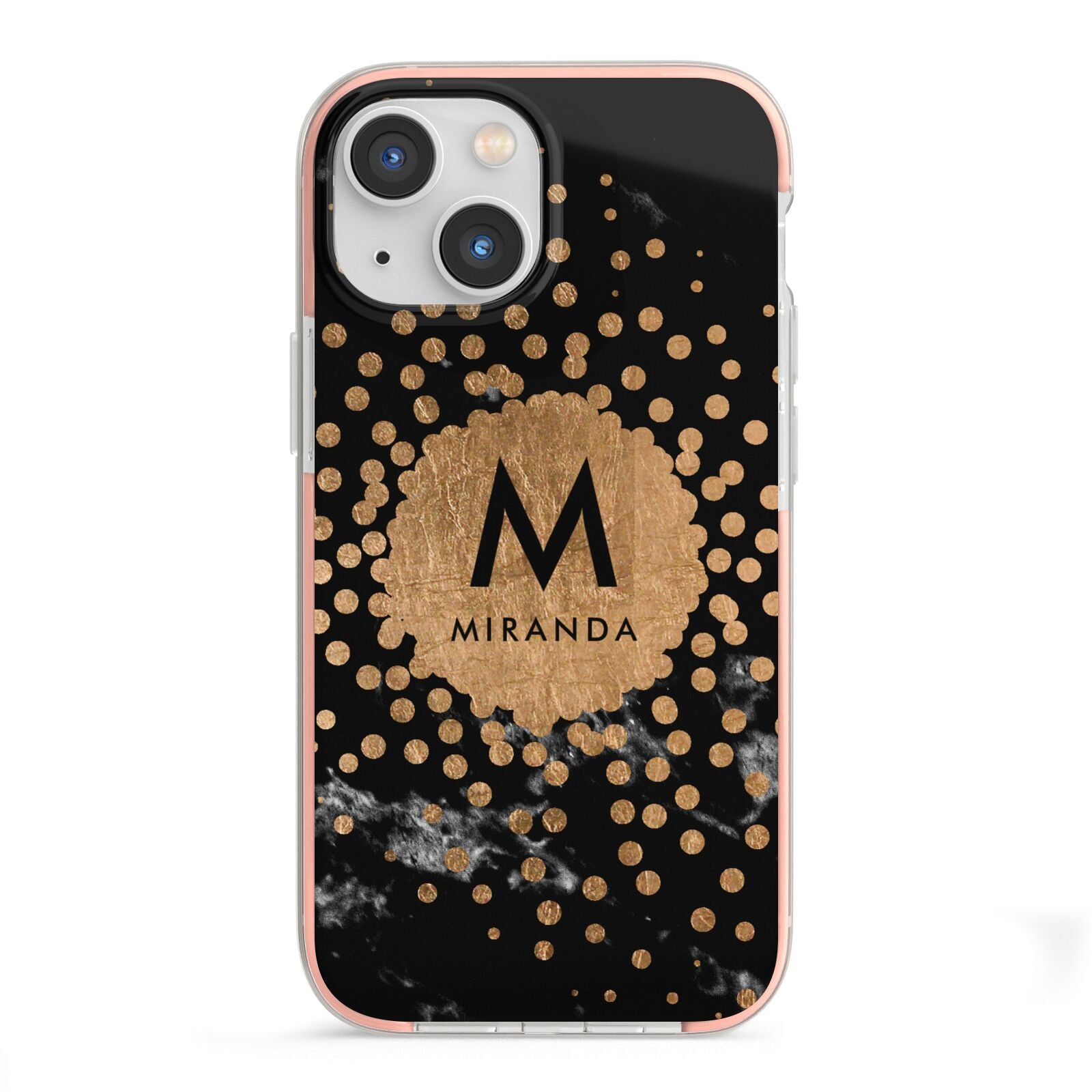 Personalised Copper Black Marble With Name iPhone 13 Mini TPU Impact Case with Pink Edges