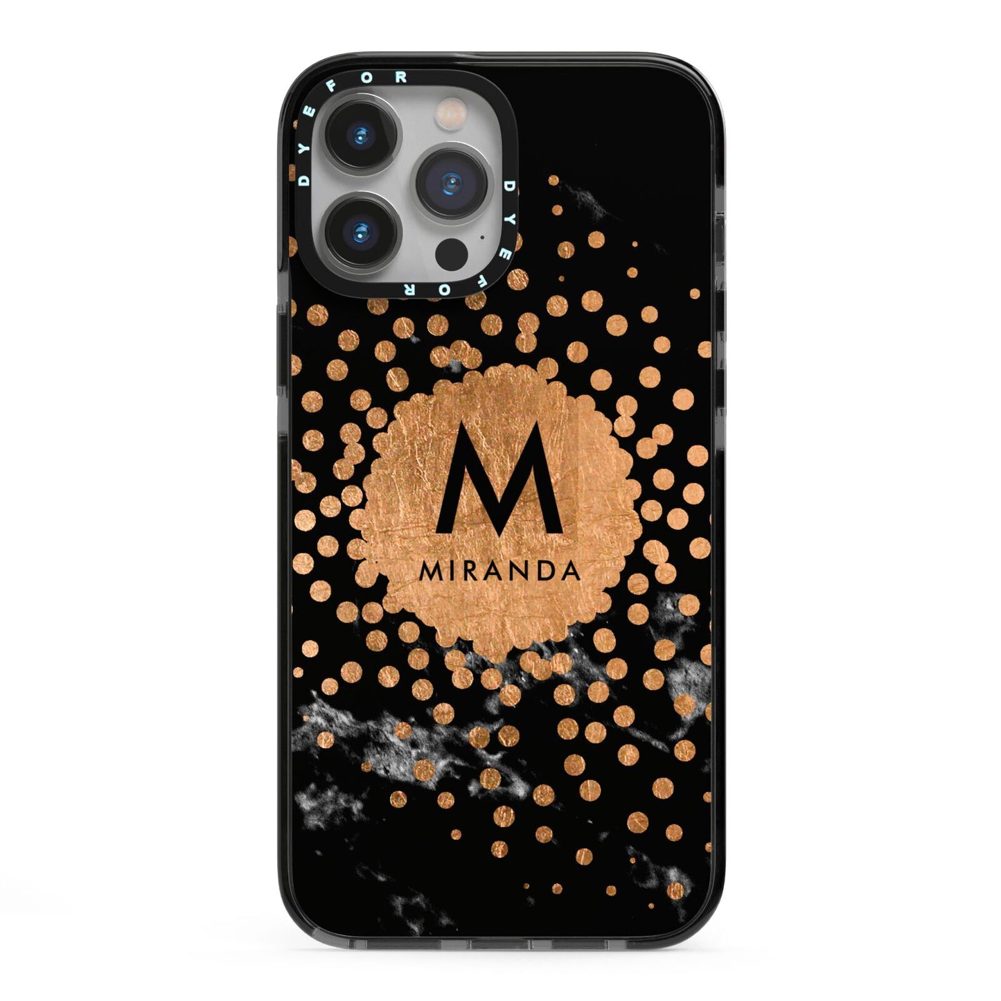 Personalised Copper Black Marble With Name iPhone 13 Pro Max Black Impact Case on Silver phone
