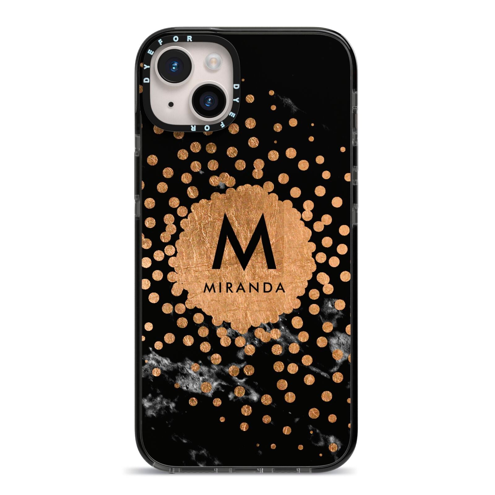 Personalised Copper Black Marble With Name iPhone 14 Plus Black Impact Case on Silver phone