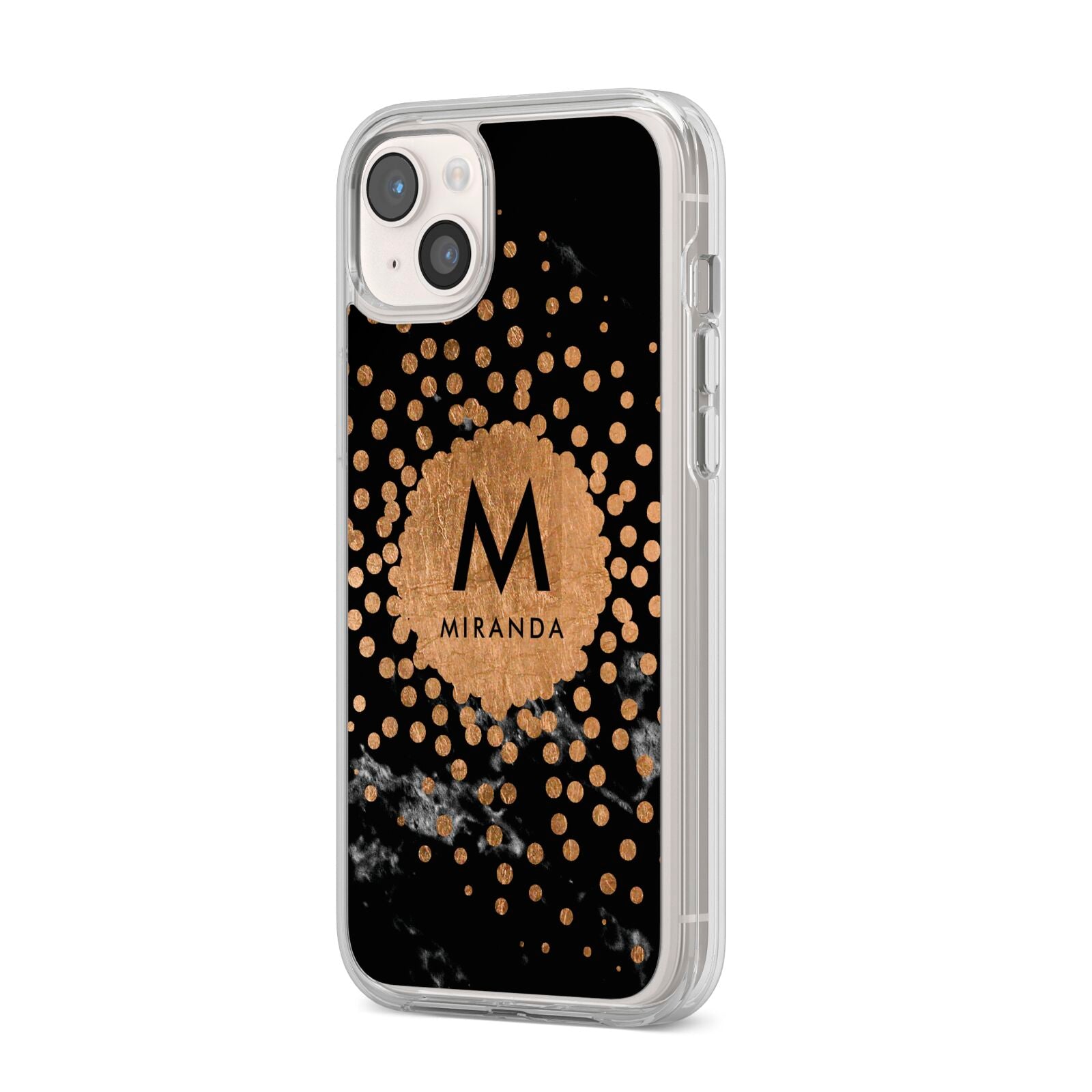 Personalised Copper Black Marble With Name iPhone 14 Plus Clear Tough Case Starlight Angled Image