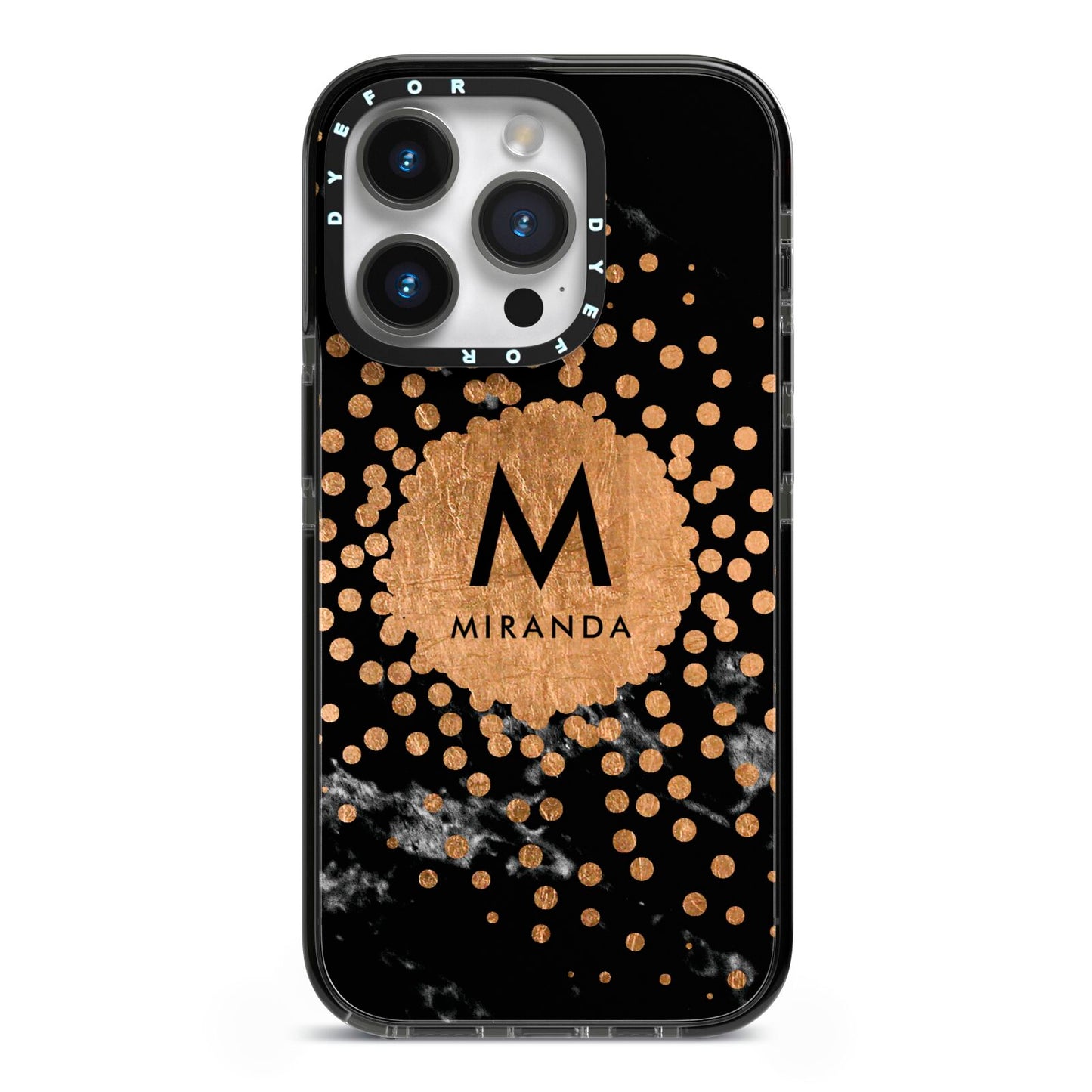 Personalised Copper Black Marble With Name iPhone 14 Pro Black Impact Case on Silver phone