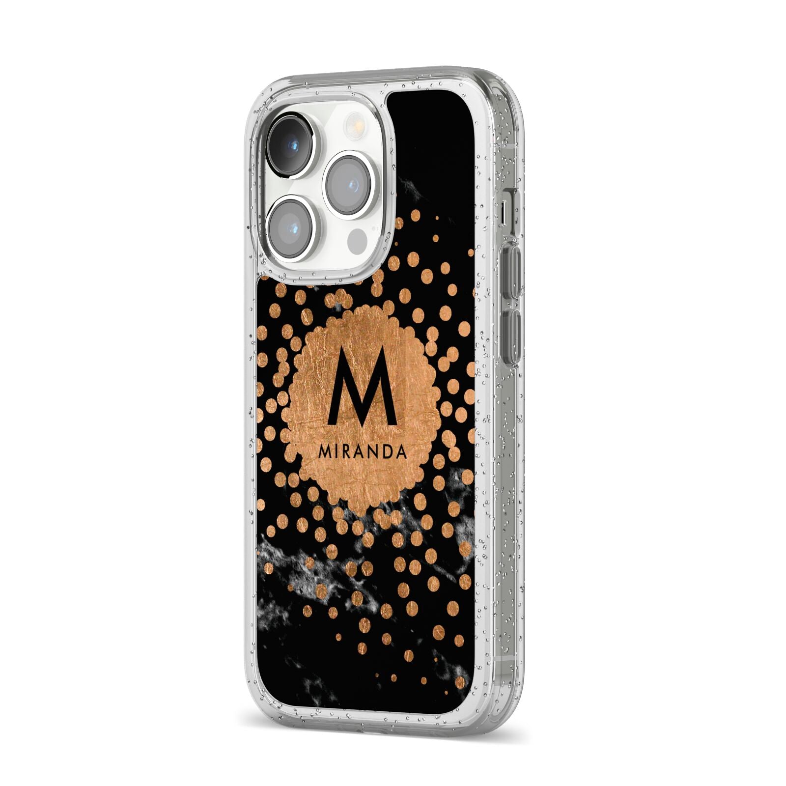 Personalised Copper Black Marble With Name iPhone 14 Pro Glitter Tough Case Silver Angled Image