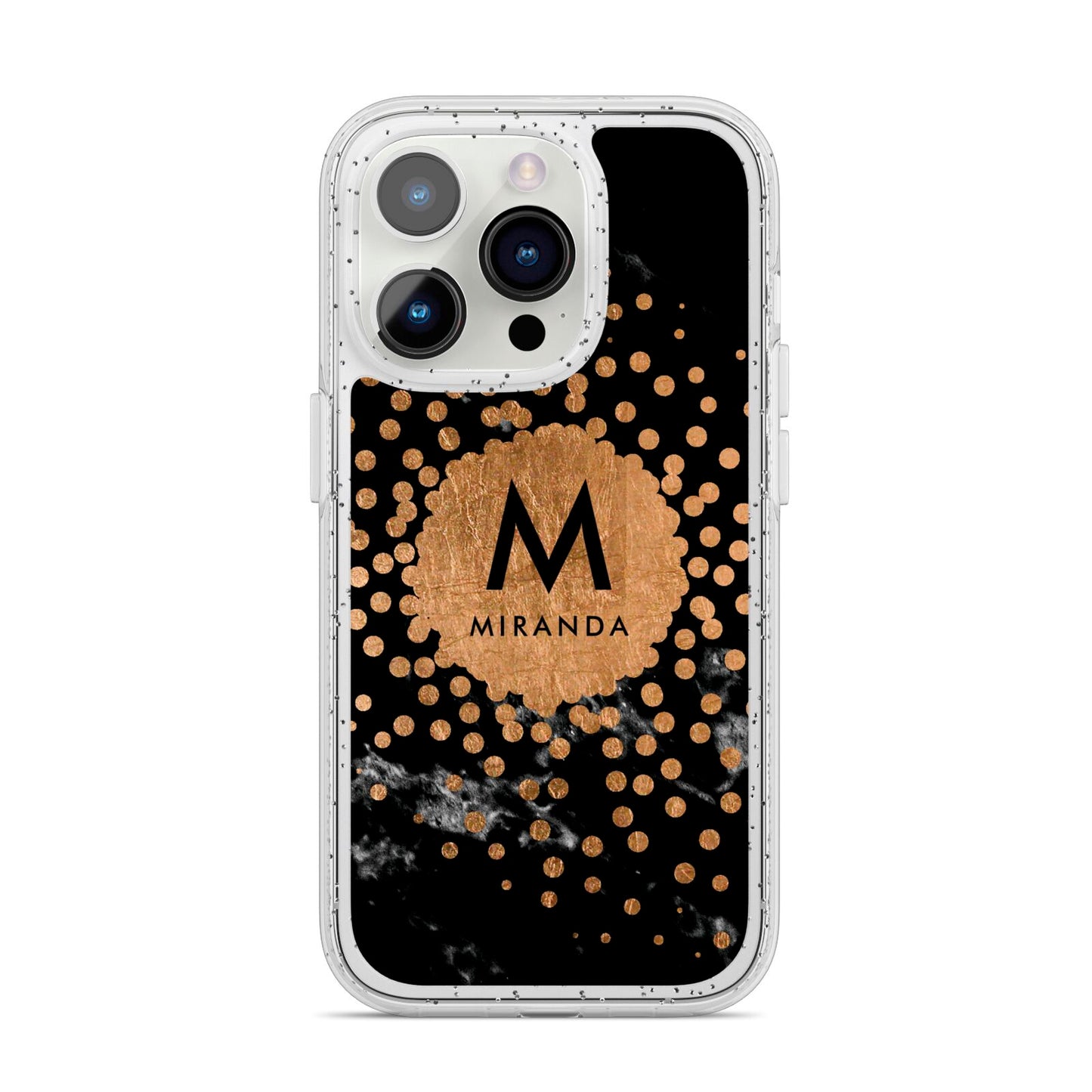 Personalised Copper Black Marble With Name iPhone 14 Pro Glitter Tough Case Silver