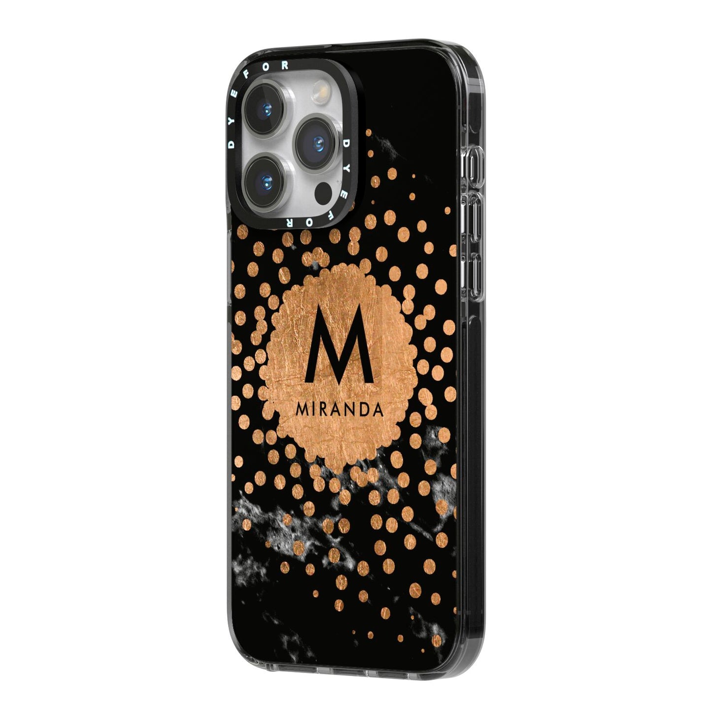 Personalised Copper Black Marble With Name iPhone 14 Pro Max Black Impact Case Side Angle on Silver phone