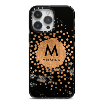 Personalised Copper Black Marble With Name iPhone 14 Pro Max Black Impact Case on Silver phone