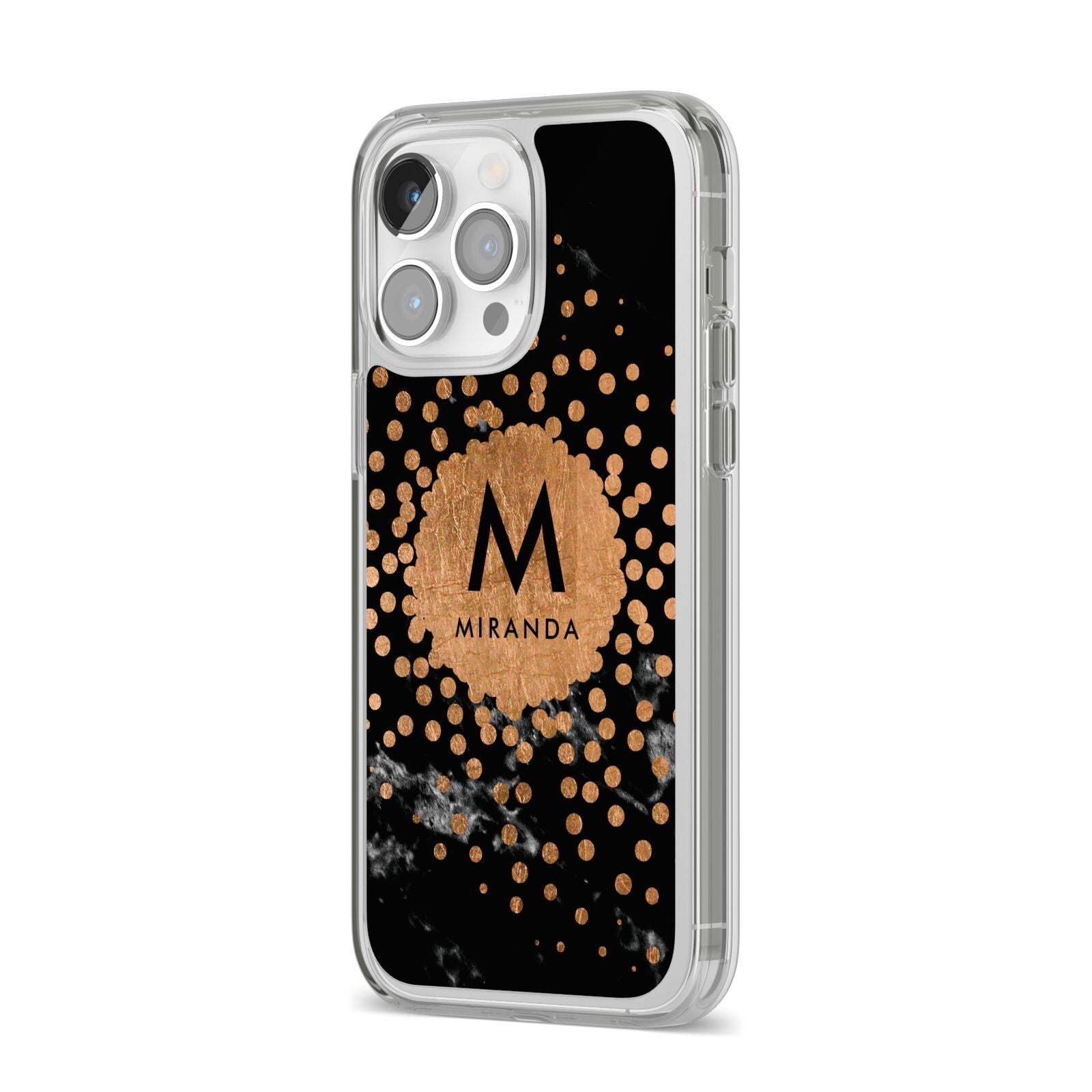 Personalised Copper Black Marble With Name iPhone 14 Pro Max Clear Tough Case Silver Angled Image