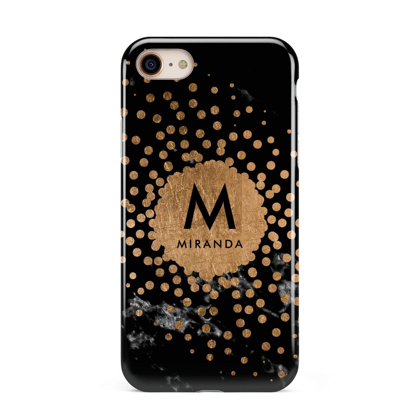 Personalised Copper Black Marble With Name iPhone 8 3D Tough Case on Gold Phone