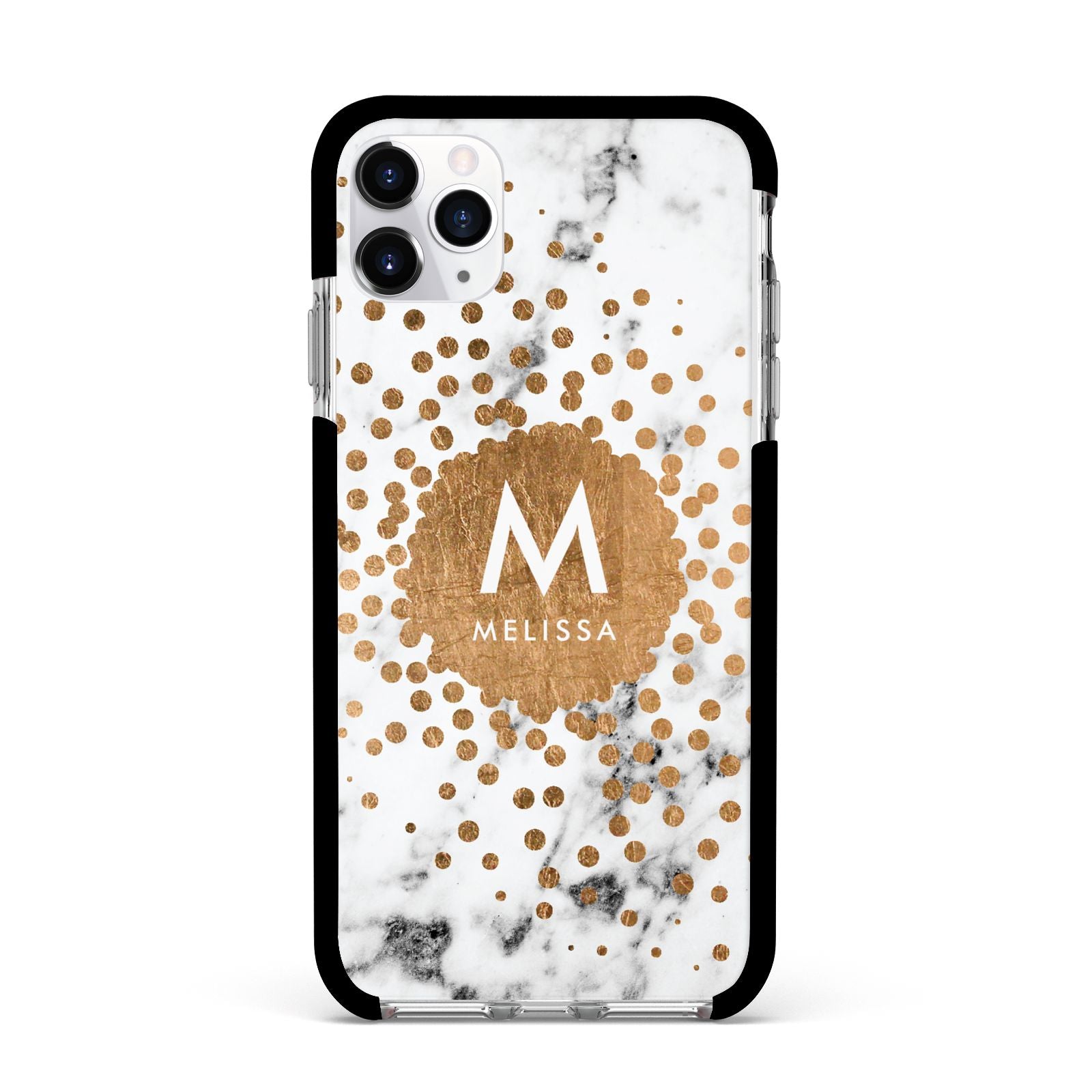 Personalised Copper Confetti Marble Name Apple iPhone 11 Pro Max in Silver with Black Impact Case