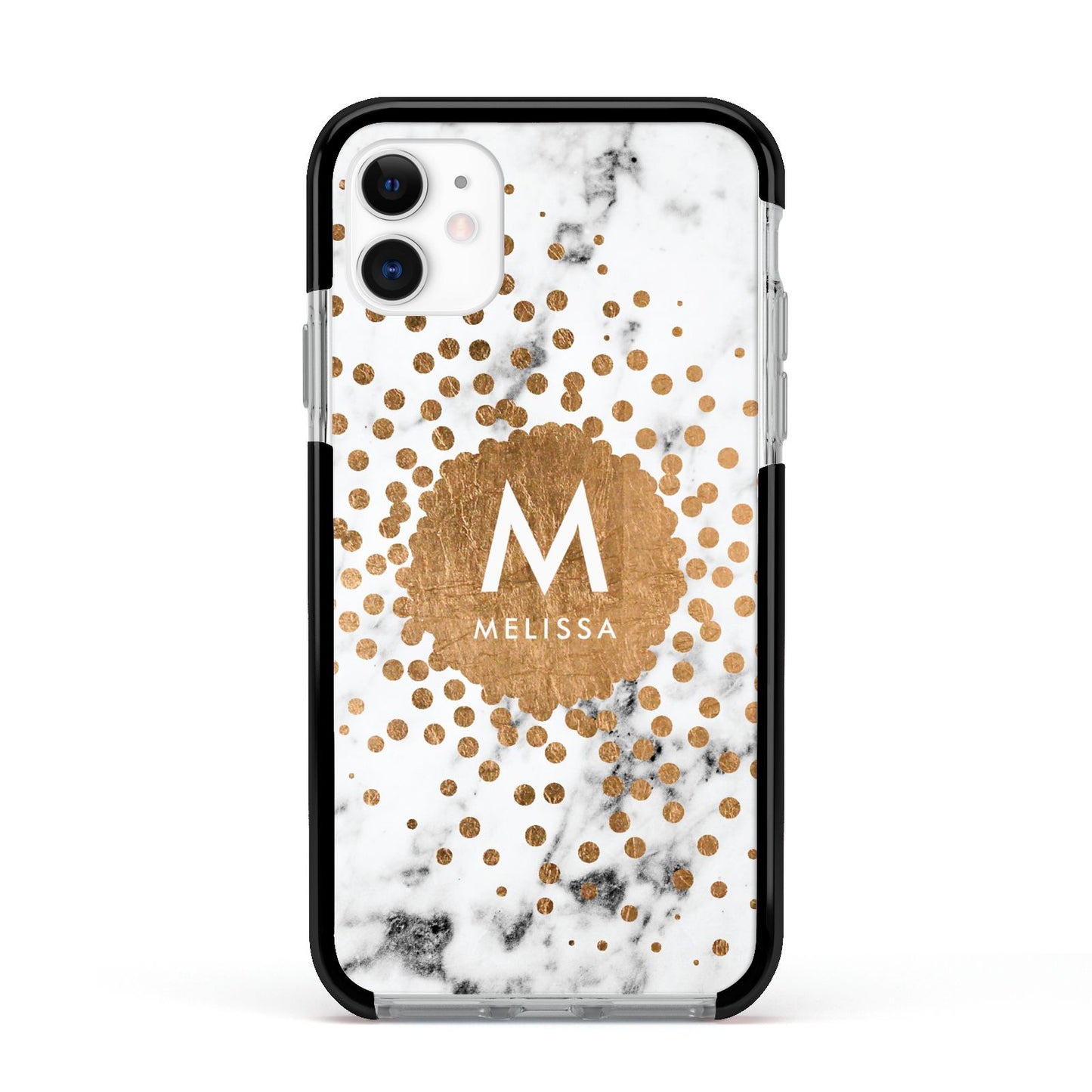 Personalised Copper Confetti Marble Name Apple iPhone 11 in White with Black Impact Case