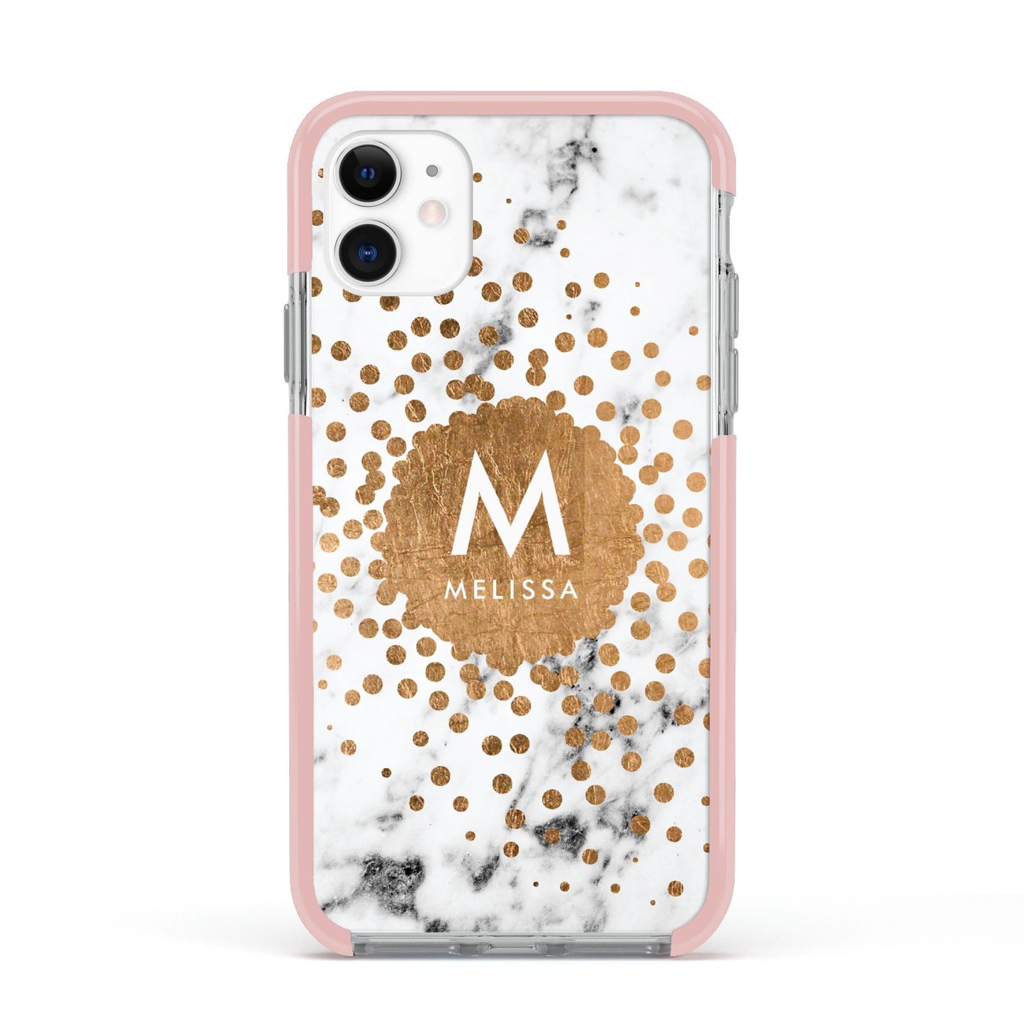 Personalised Copper Confetti Marble Name Apple iPhone 11 in White with Pink Impact Case