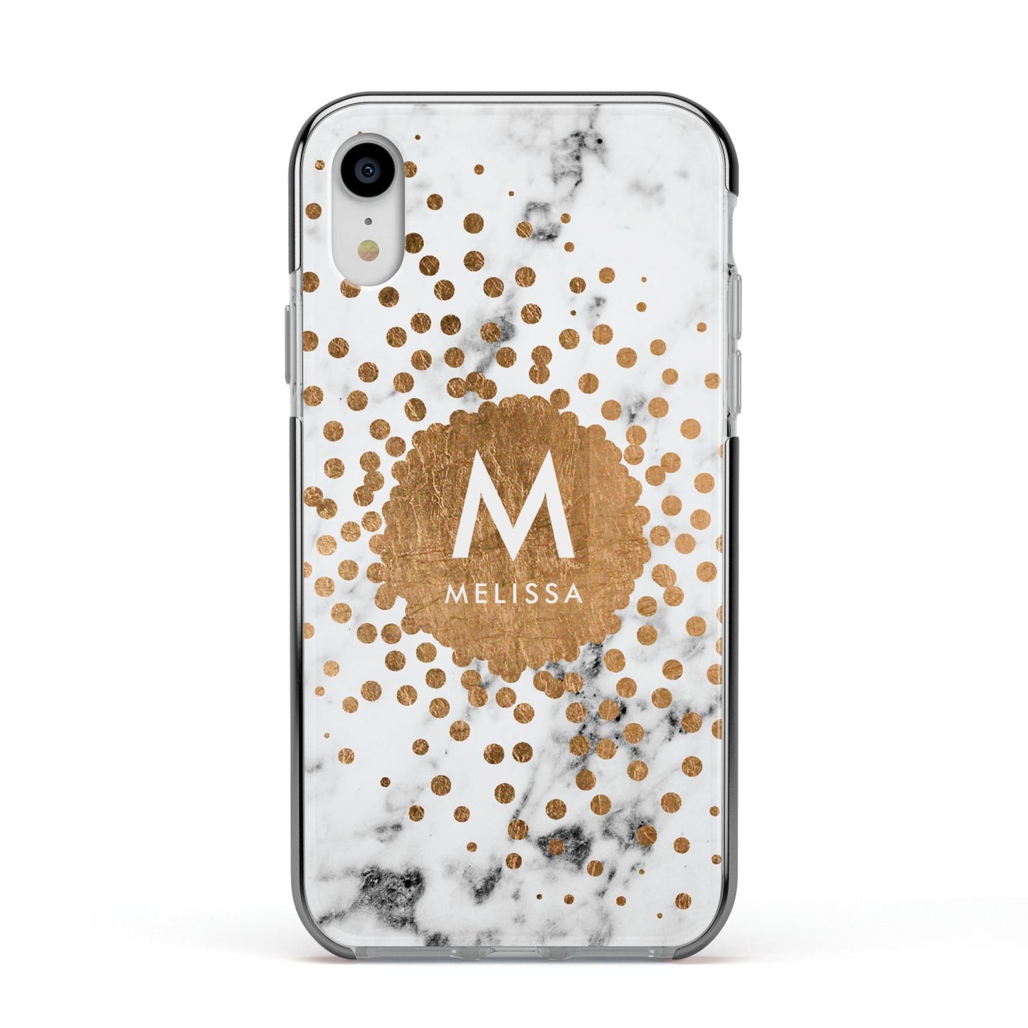 Personalised Copper Confetti Marble Name Apple iPhone XR Impact Case Black Edge on Silver Phone