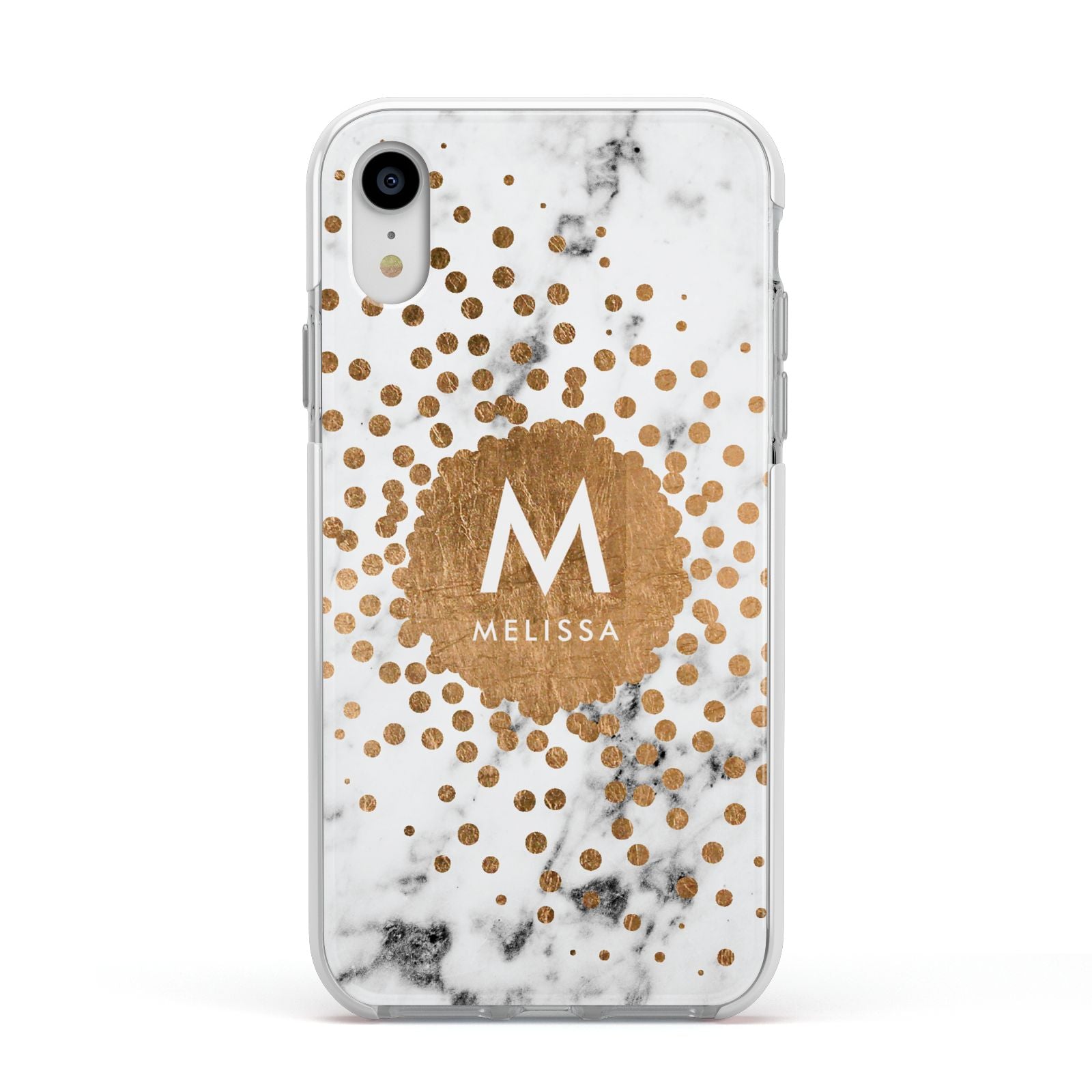 Personalised Copper Confetti Marble Name Apple iPhone XR Impact Case White Edge on Silver Phone