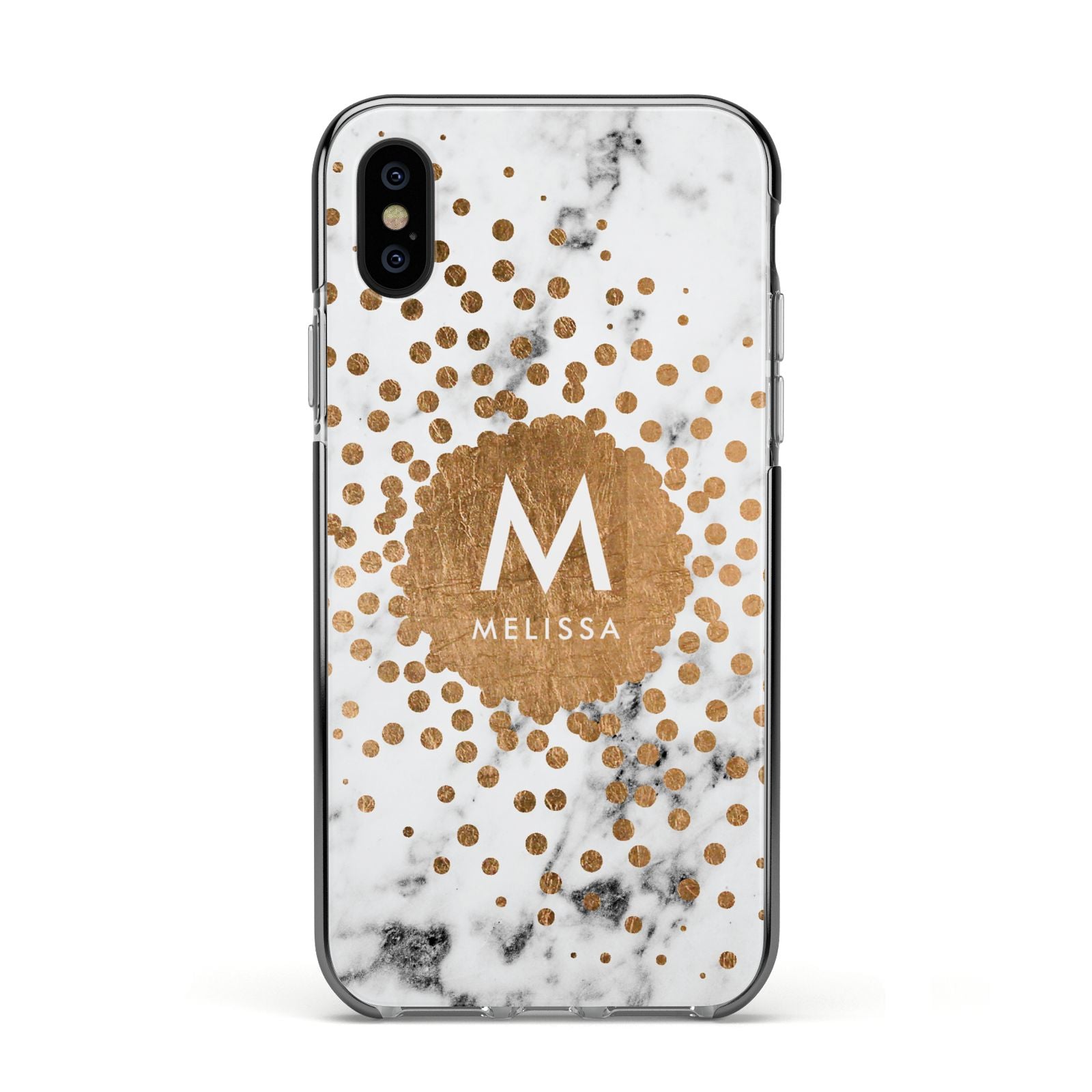 Personalised Copper Confetti Marble Name Apple iPhone Xs Impact Case Black Edge on Black Phone