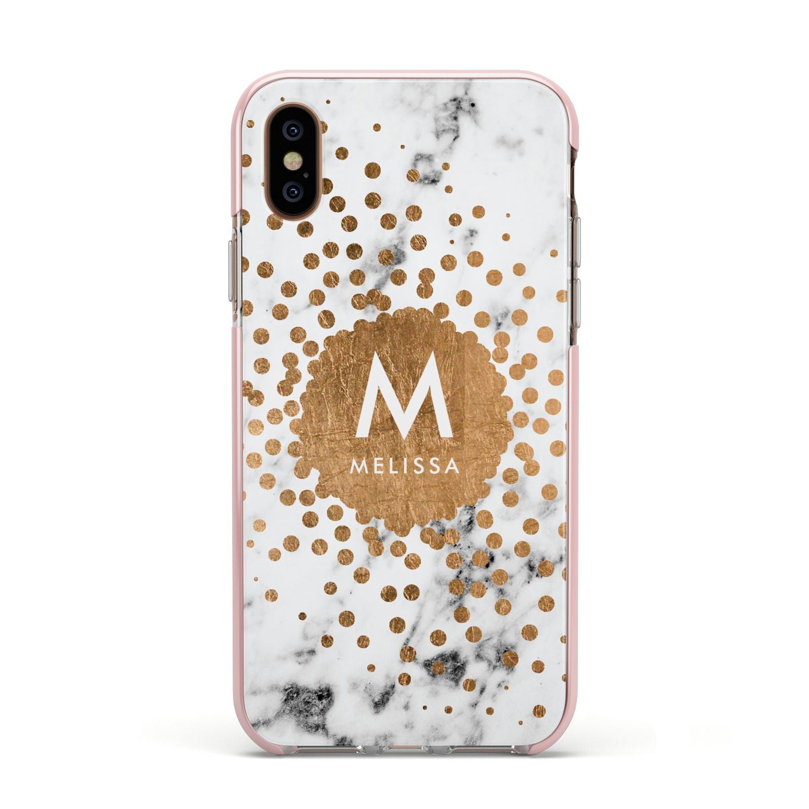 Personalised Copper Confetti Marble Name Apple iPhone Xs Impact Case Pink Edge on Gold Phone
