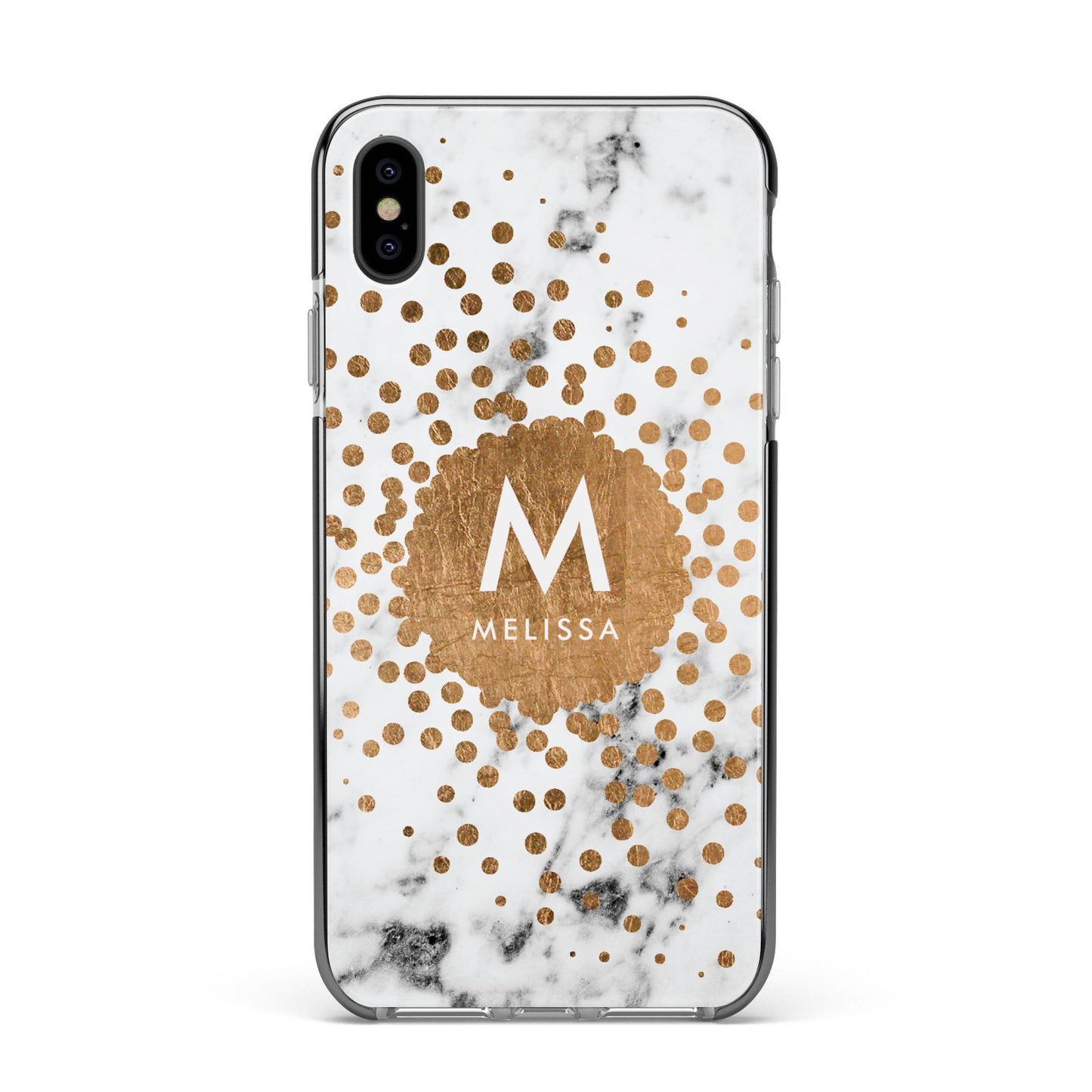 Personalised Copper Confetti Marble Name Apple iPhone Xs Max Impact Case Black Edge on Black Phone
