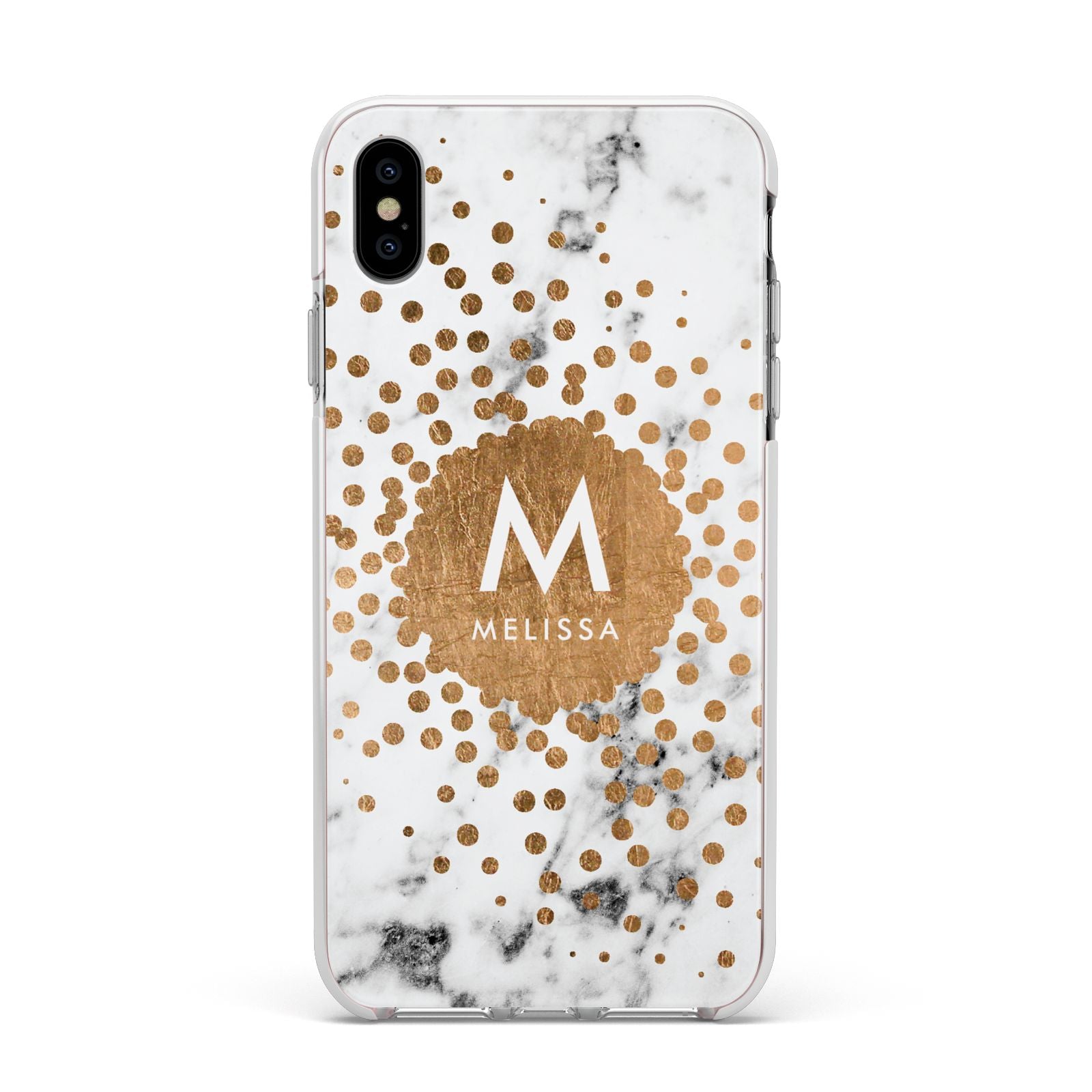 Personalised Copper Confetti Marble Name Apple iPhone Xs Max Impact Case White Edge on Silver Phone
