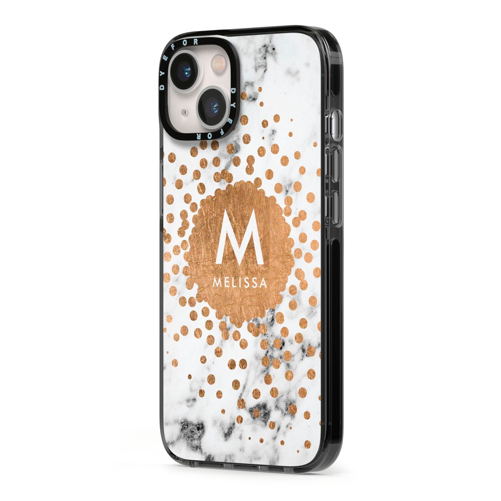 Personalised Copper Confetti Marble Name iPhone 13 Black Impact Case Side Angle on Silver phone