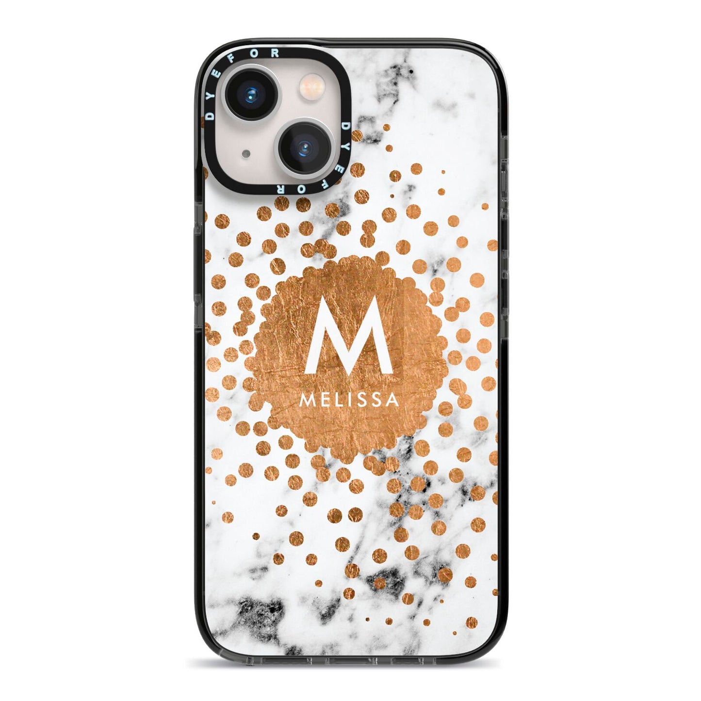 Personalised Copper Confetti Marble Name iPhone 13 Black Impact Case on Silver phone