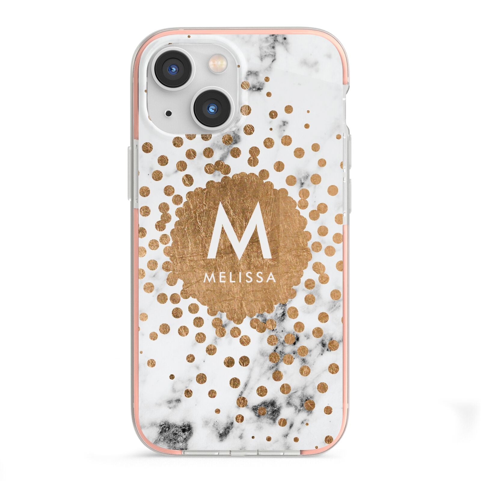 Personalised Copper Confetti Marble Name iPhone 13 Mini TPU Impact Case with Pink Edges