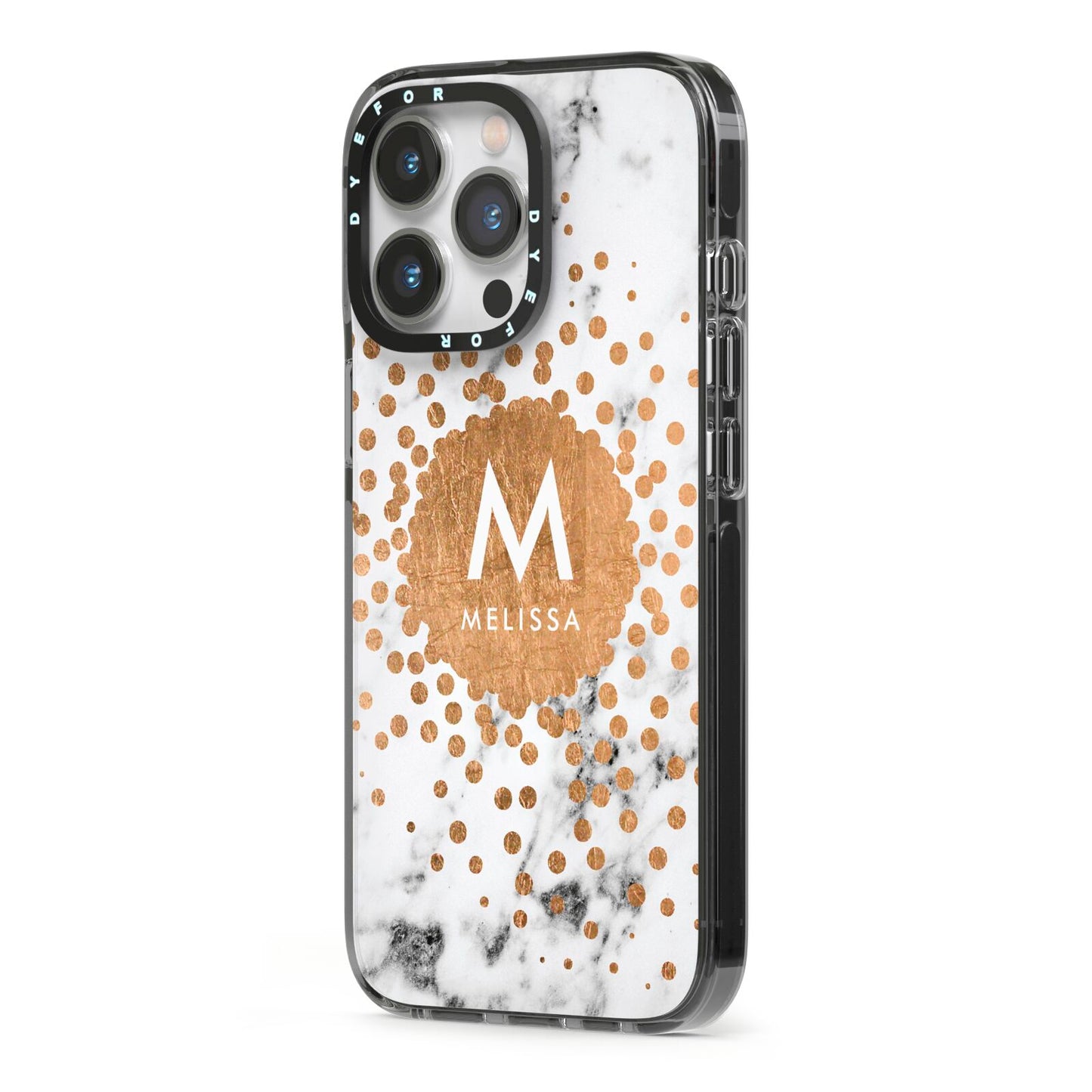 Personalised Copper Confetti Marble Name iPhone 13 Pro Black Impact Case Side Angle on Silver phone