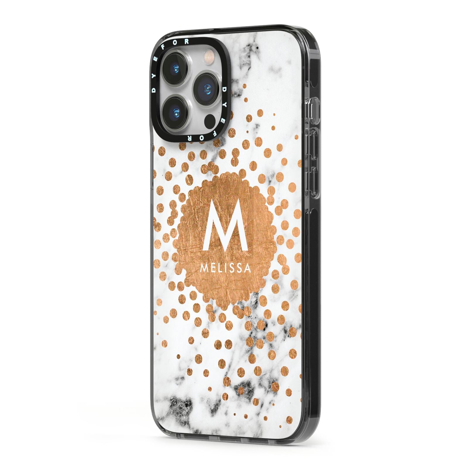 Personalised Copper Confetti Marble Name iPhone 13 Pro Max Black Impact Case Side Angle on Silver phone