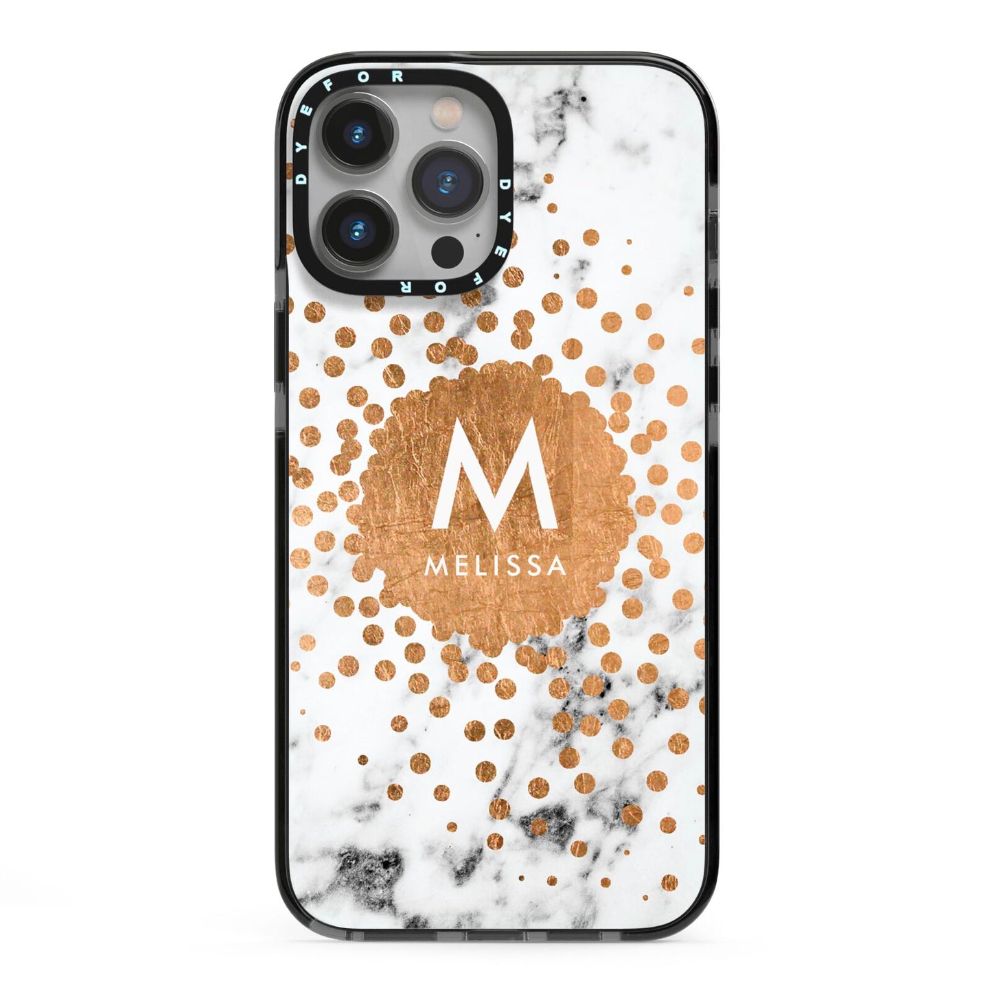 Personalised Copper Confetti Marble Name iPhone 13 Pro Max Black Impact Case on Silver phone