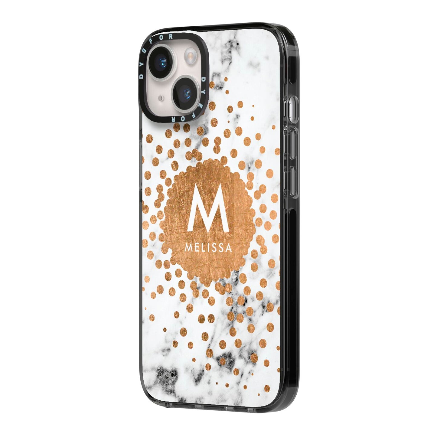 Personalised Copper Confetti Marble Name iPhone 14 Black Impact Case Side Angle on Silver phone