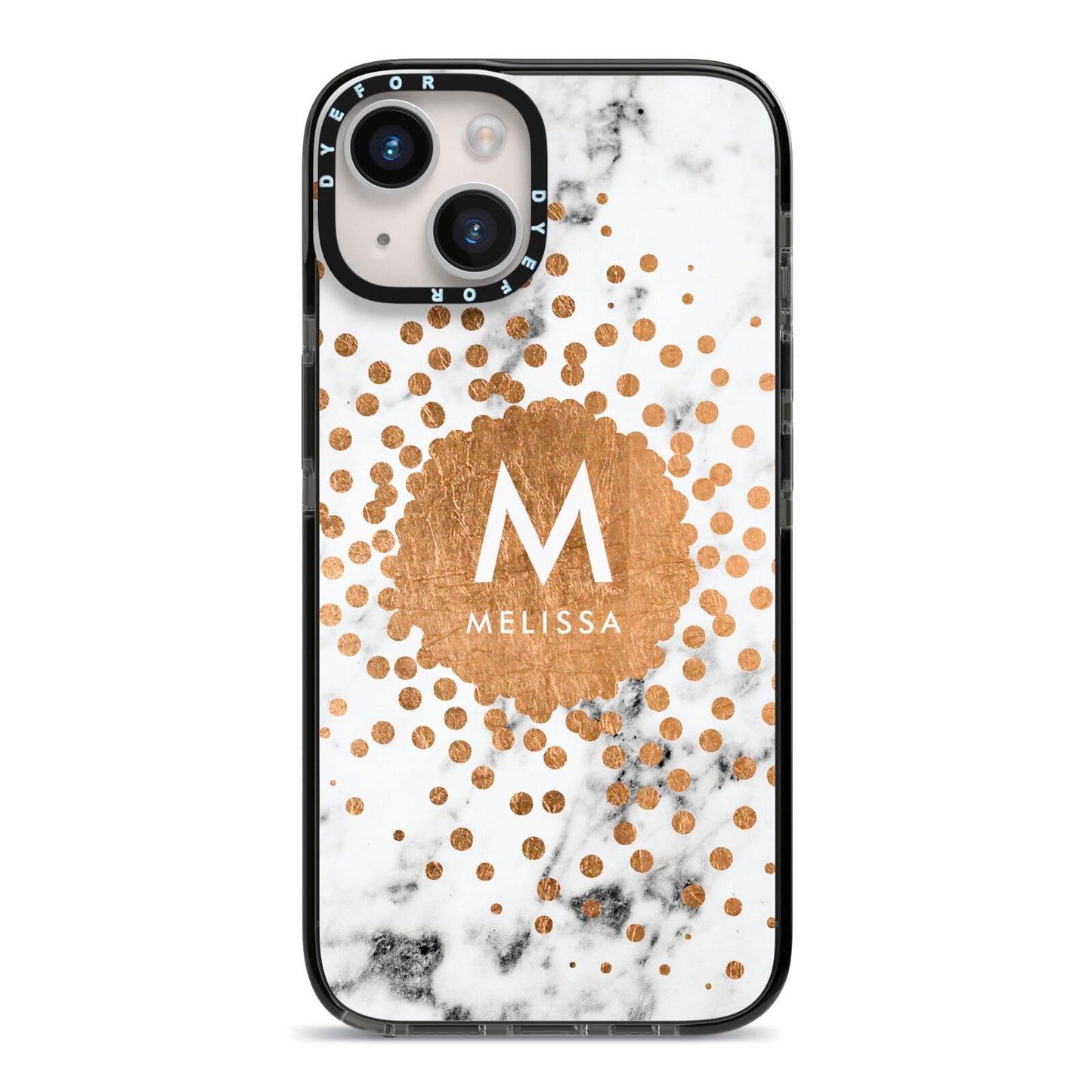 Personalised Copper Confetti Marble Name iPhone 14 Black Impact Case on Silver phone