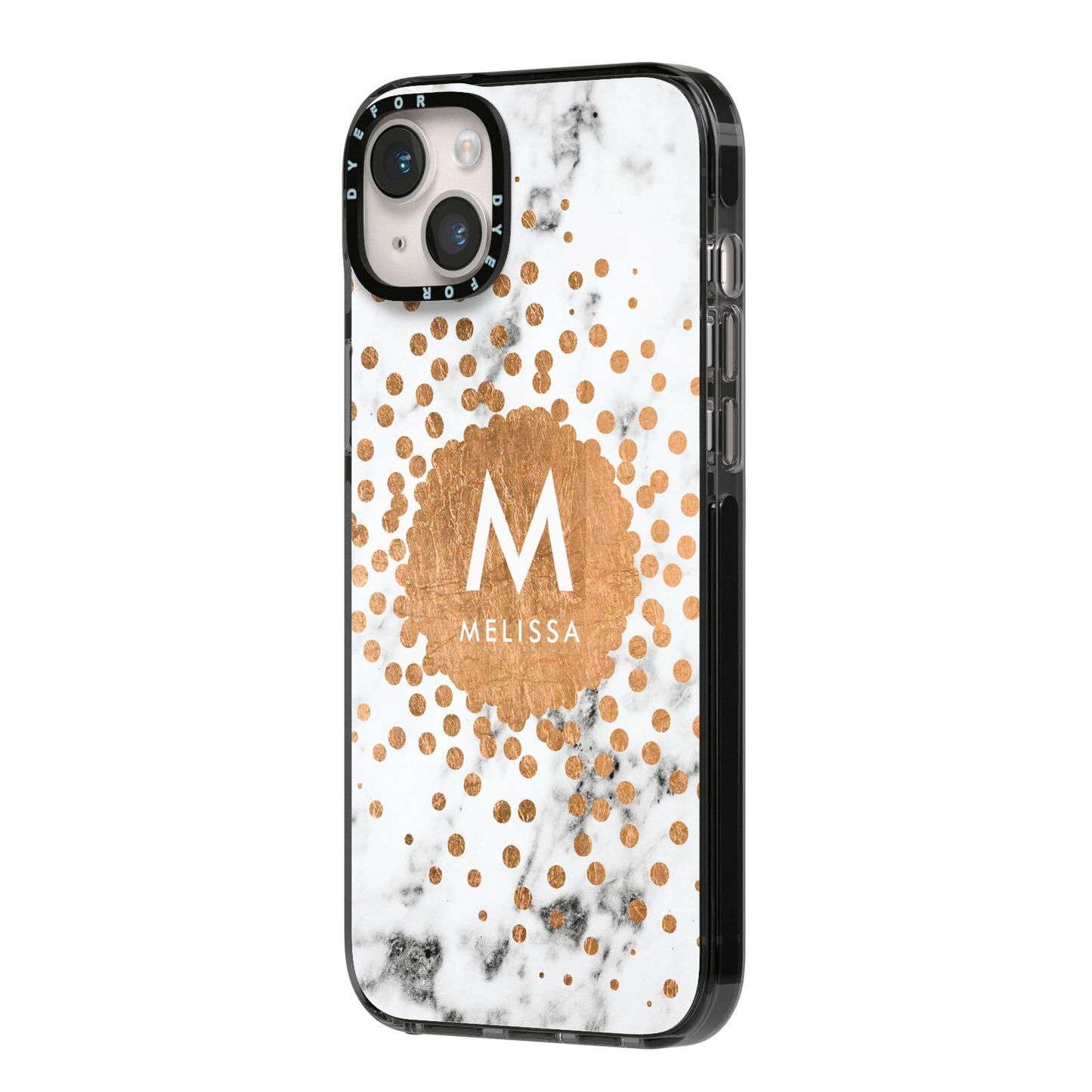 Personalised Copper Confetti Marble Name iPhone 14 Plus Black Impact Case Side Angle on Silver phone