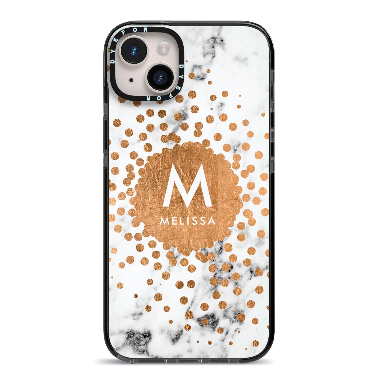 Personalised Copper Confetti Marble Name iPhone 14 Plus Black Impact Case on Silver phone