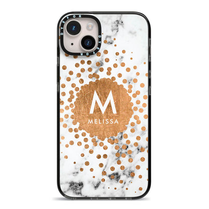 Personalised Copper Confetti Marble Name iPhone 14 Plus Black Impact Case on Silver phone