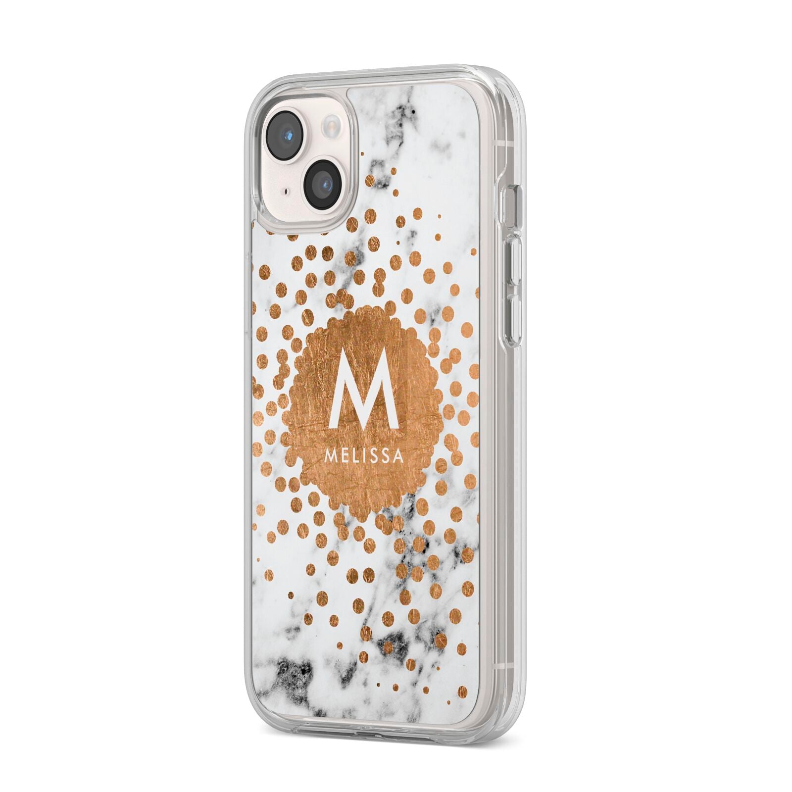 Personalised Copper Confetti Marble Name iPhone 14 Plus Clear Tough Case Starlight Angled Image
