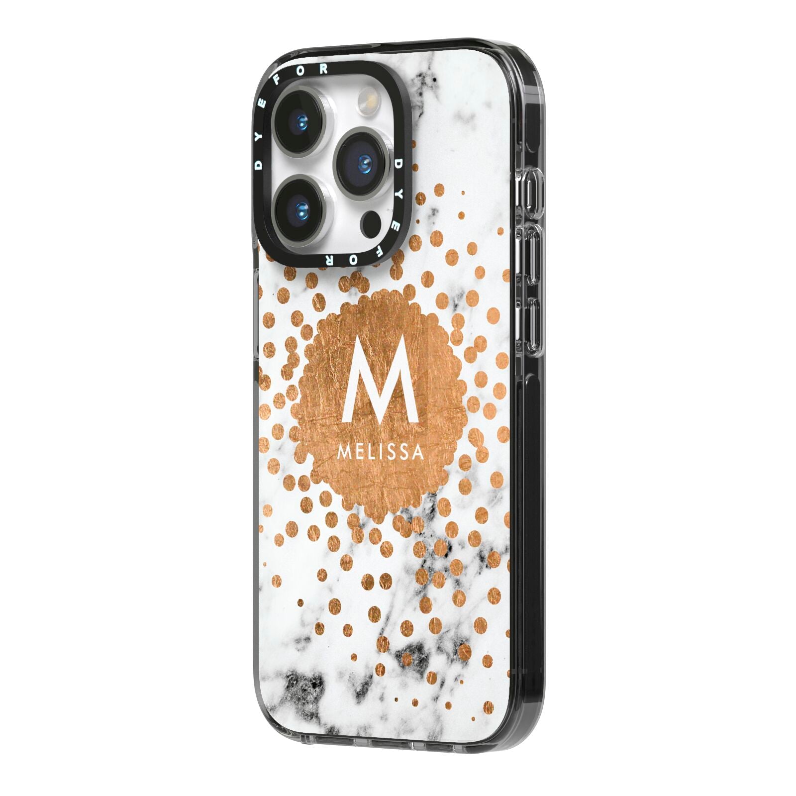 Personalised Copper Confetti Marble Name iPhone 14 Pro Black Impact Case Side Angle on Silver phone
