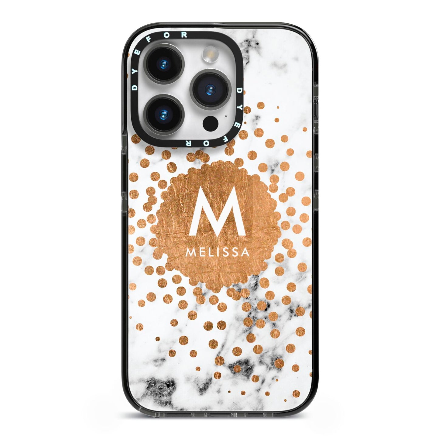 Personalised Copper Confetti Marble Name iPhone 14 Pro Black Impact Case on Silver phone