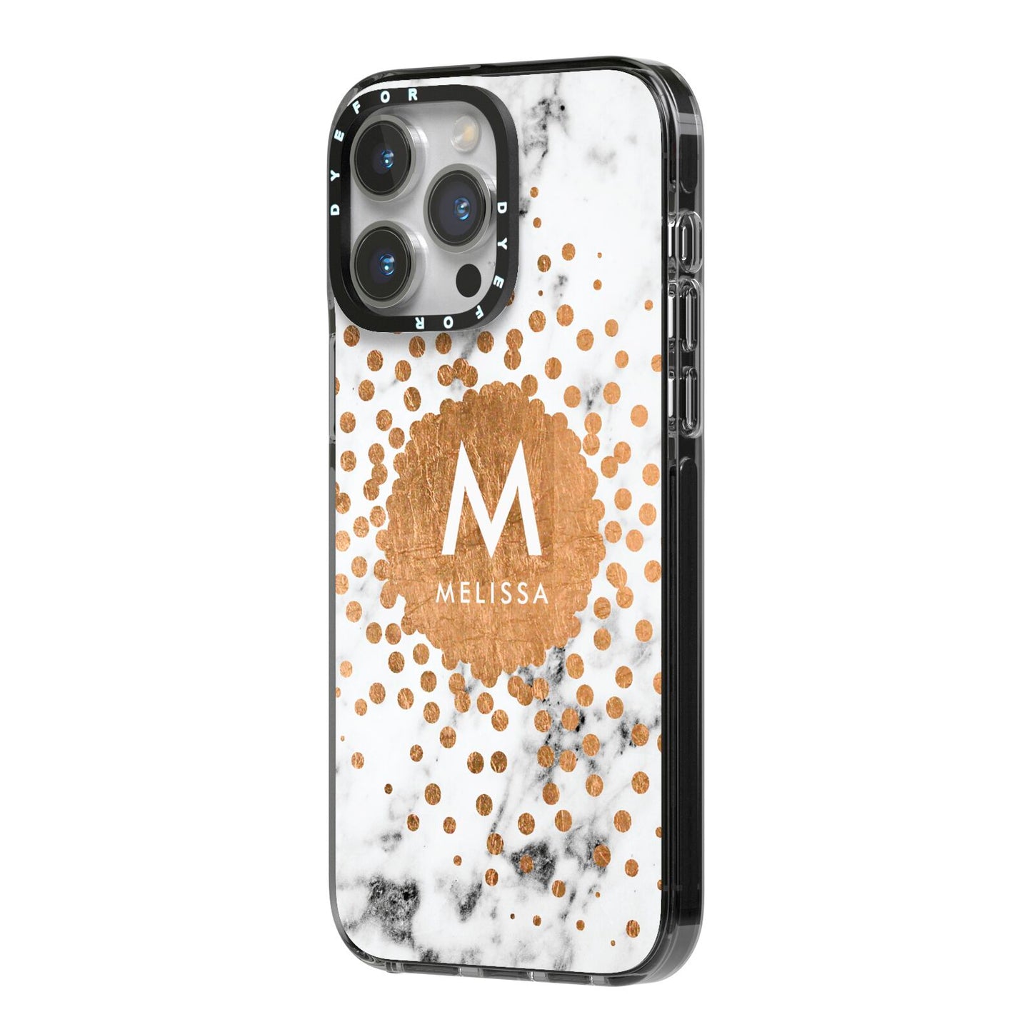 Personalised Copper Confetti Marble Name iPhone 14 Pro Max Black Impact Case Side Angle on Silver phone