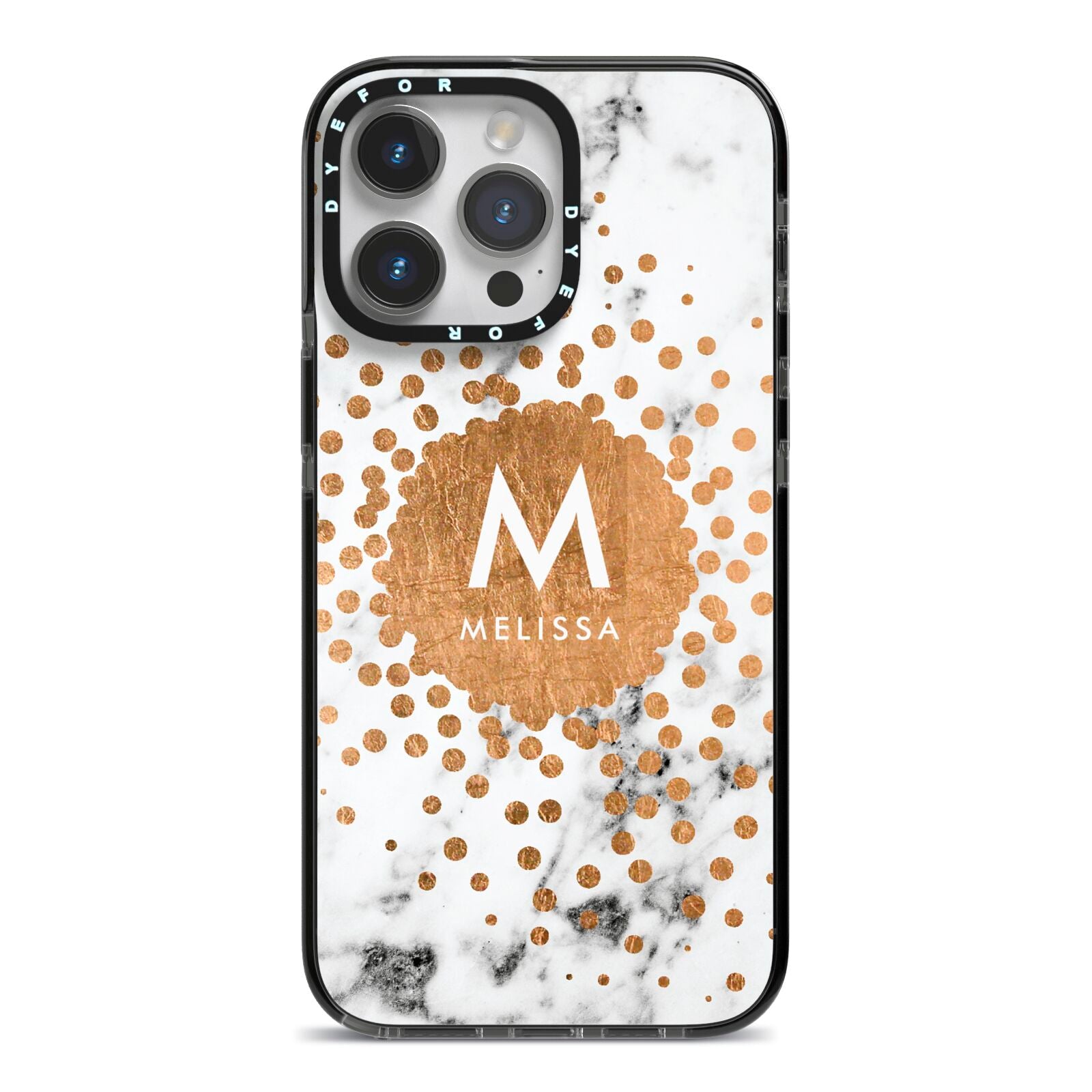 Personalised Copper Confetti Marble Name iPhone 14 Pro Max Black Impact Case on Silver phone