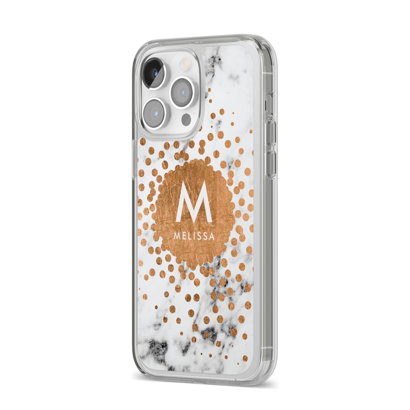 Personalised Copper Confetti Marble Name iPhone 14 Pro Max Clear Tough Case Silver Angled Image