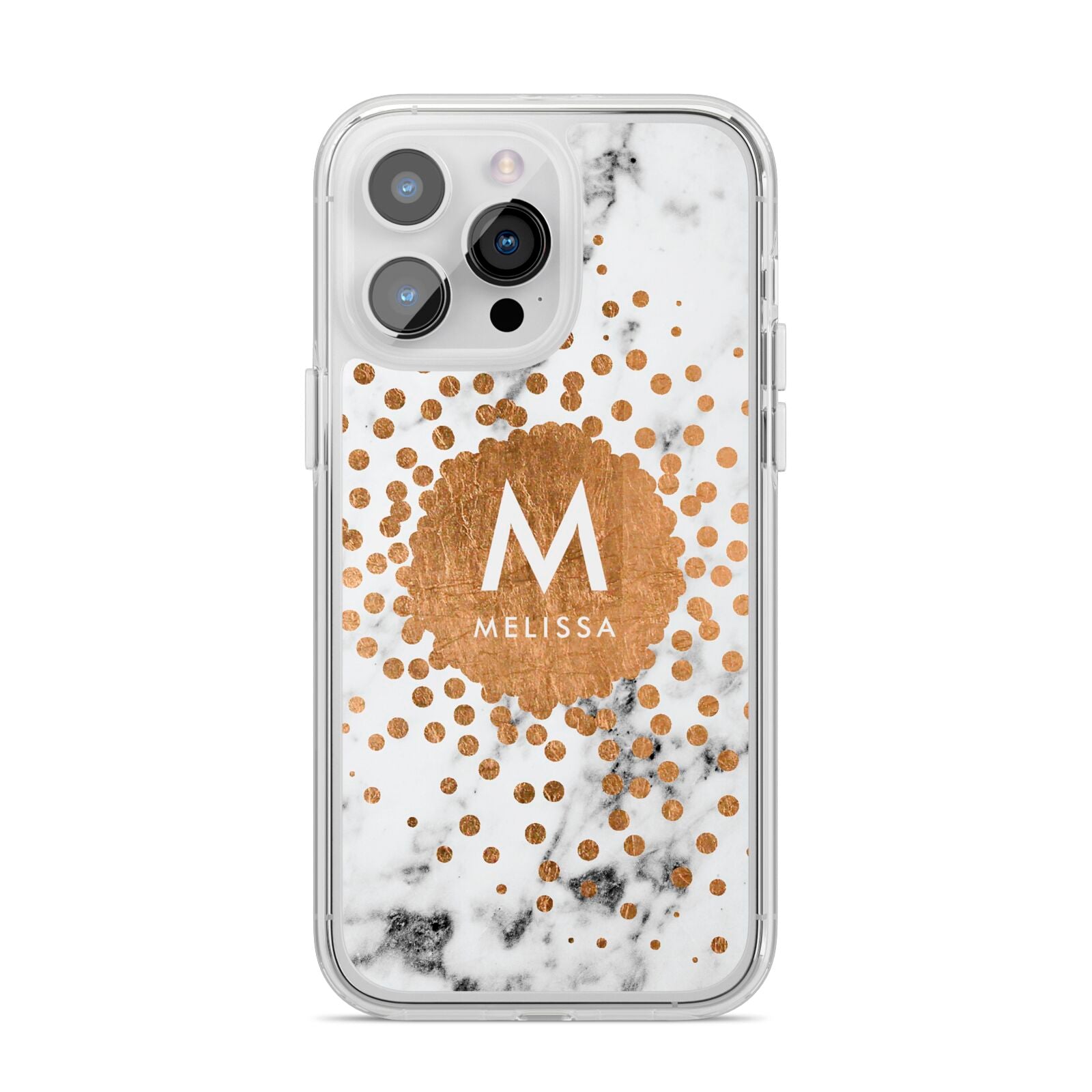 Personalised Copper Confetti Marble Name iPhone 14 Pro Max Clear Tough Case Silver