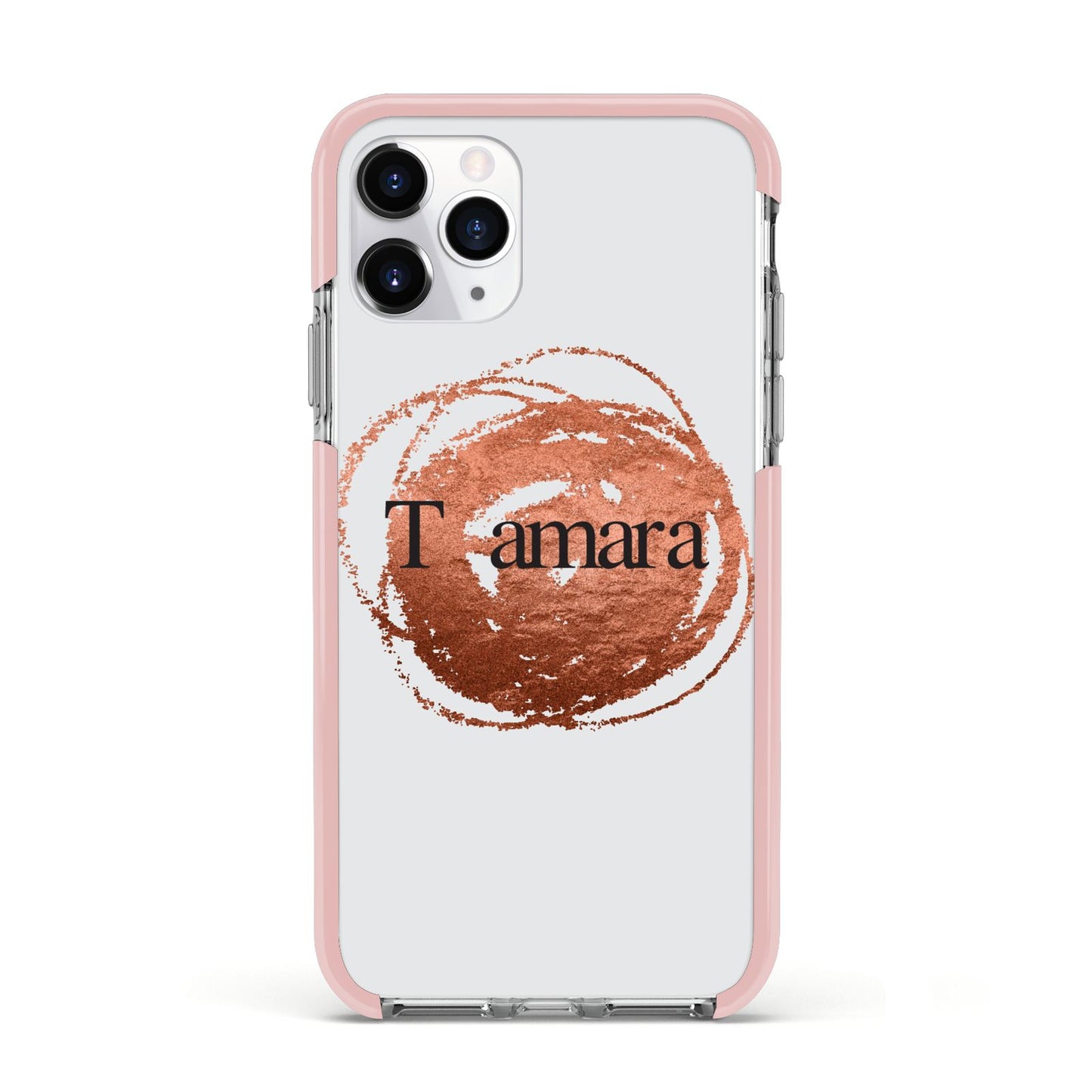Personalised Copper Effect Custom Initials Apple iPhone 11 Pro in Silver with Pink Impact Case