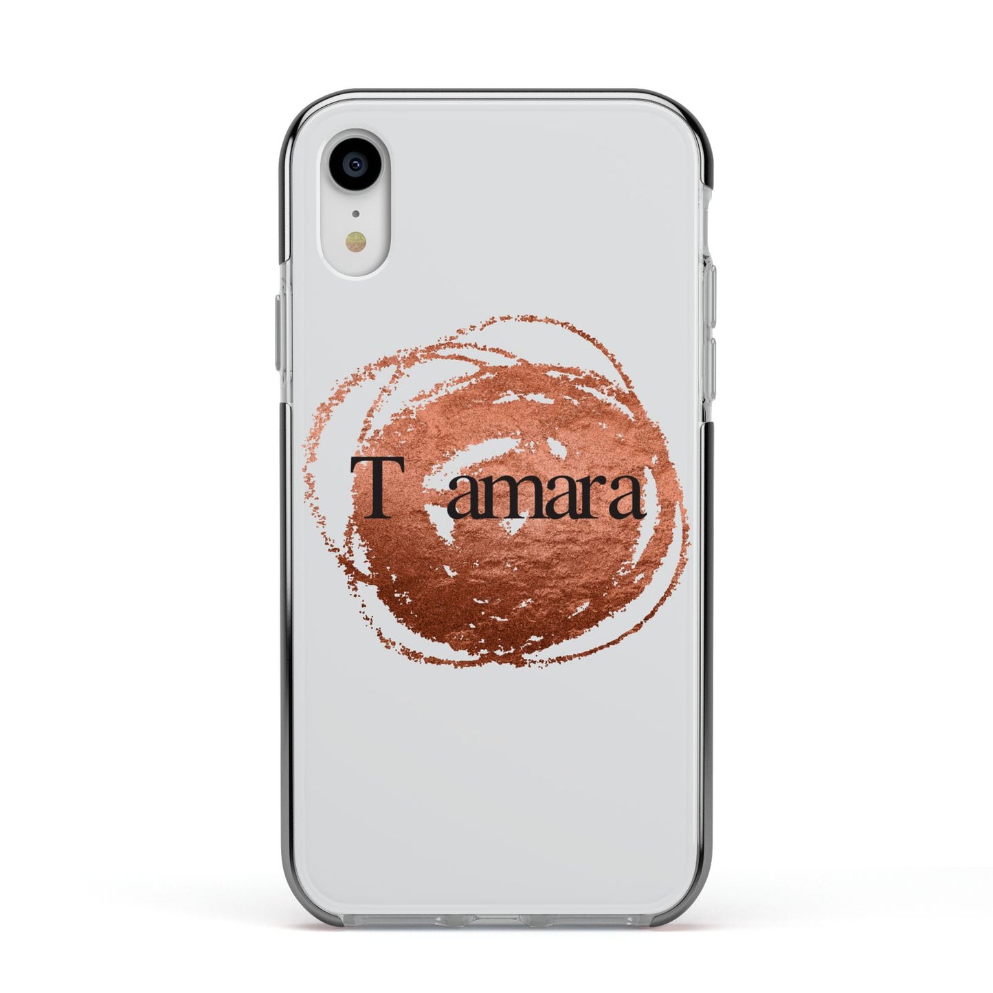 Personalised Copper Effect Custom Initials Apple iPhone XR Impact Case Black Edge on Silver Phone
