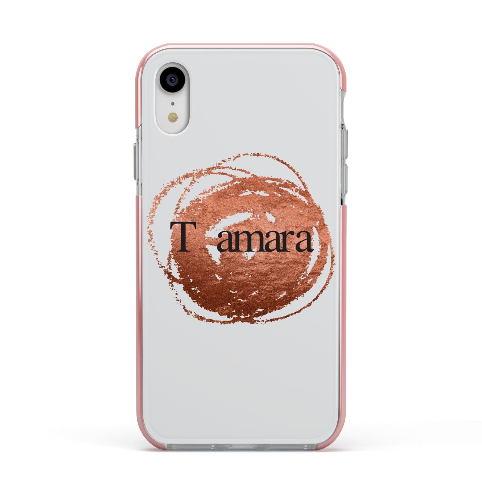 Personalised Copper Effect Custom Initials Apple iPhone XR Impact Case Pink Edge on Silver Phone