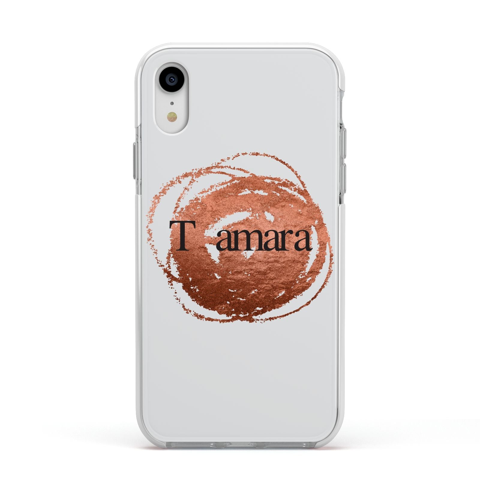 Personalised Copper Effect Custom Initials Apple iPhone XR Impact Case White Edge on Silver Phone