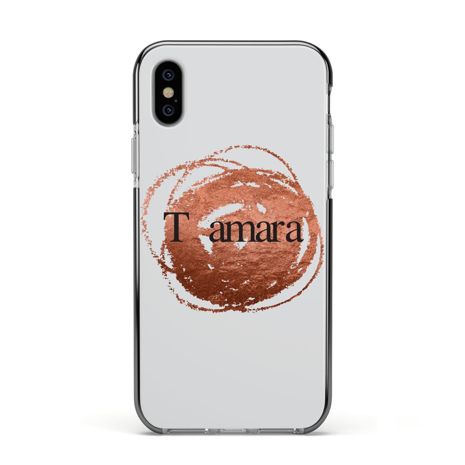 Personalised Copper Effect Custom Initials Apple iPhone Xs Impact Case Black Edge on Silver Phone