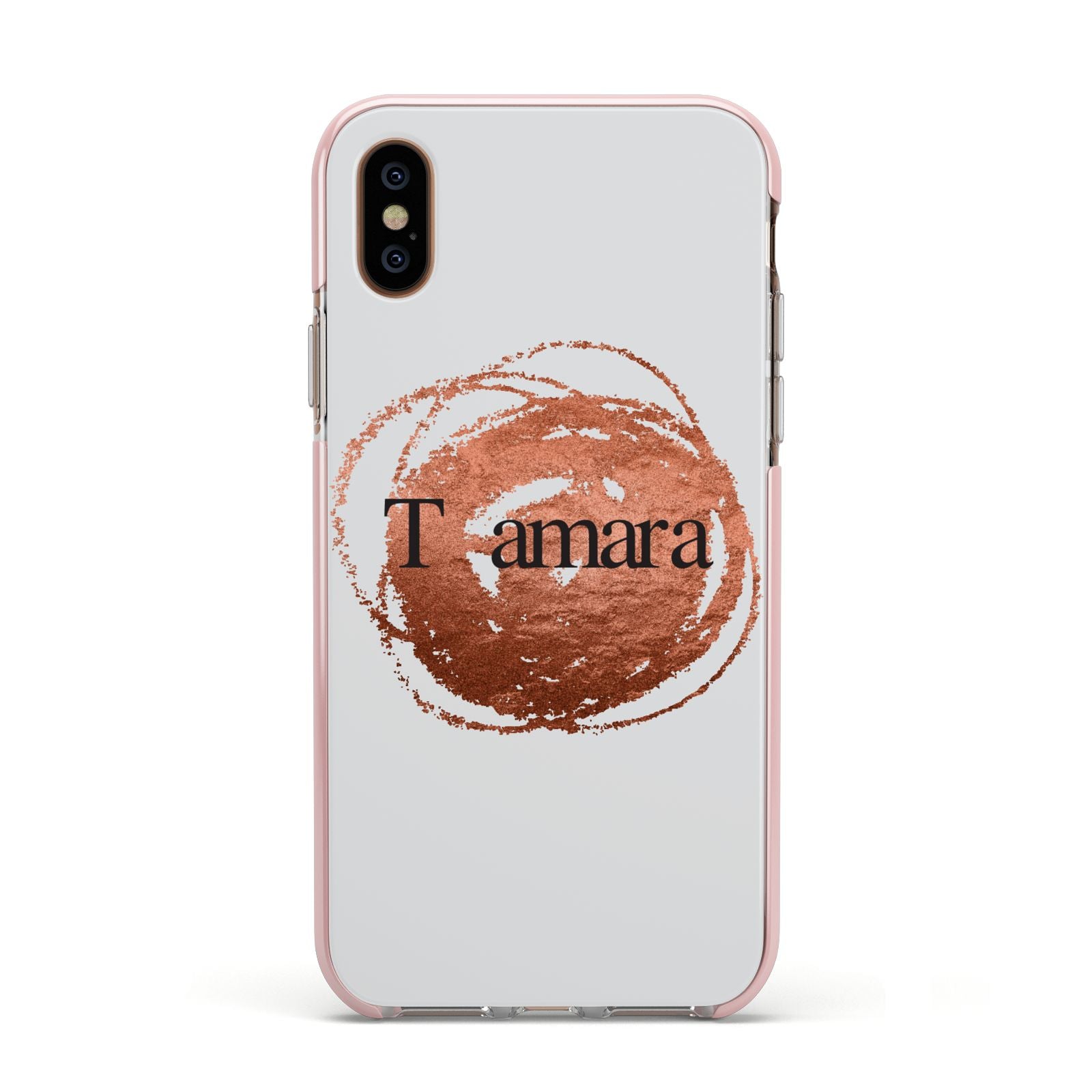 Personalised Copper Effect Custom Initials Apple iPhone Xs Impact Case Pink Edge on Gold Phone