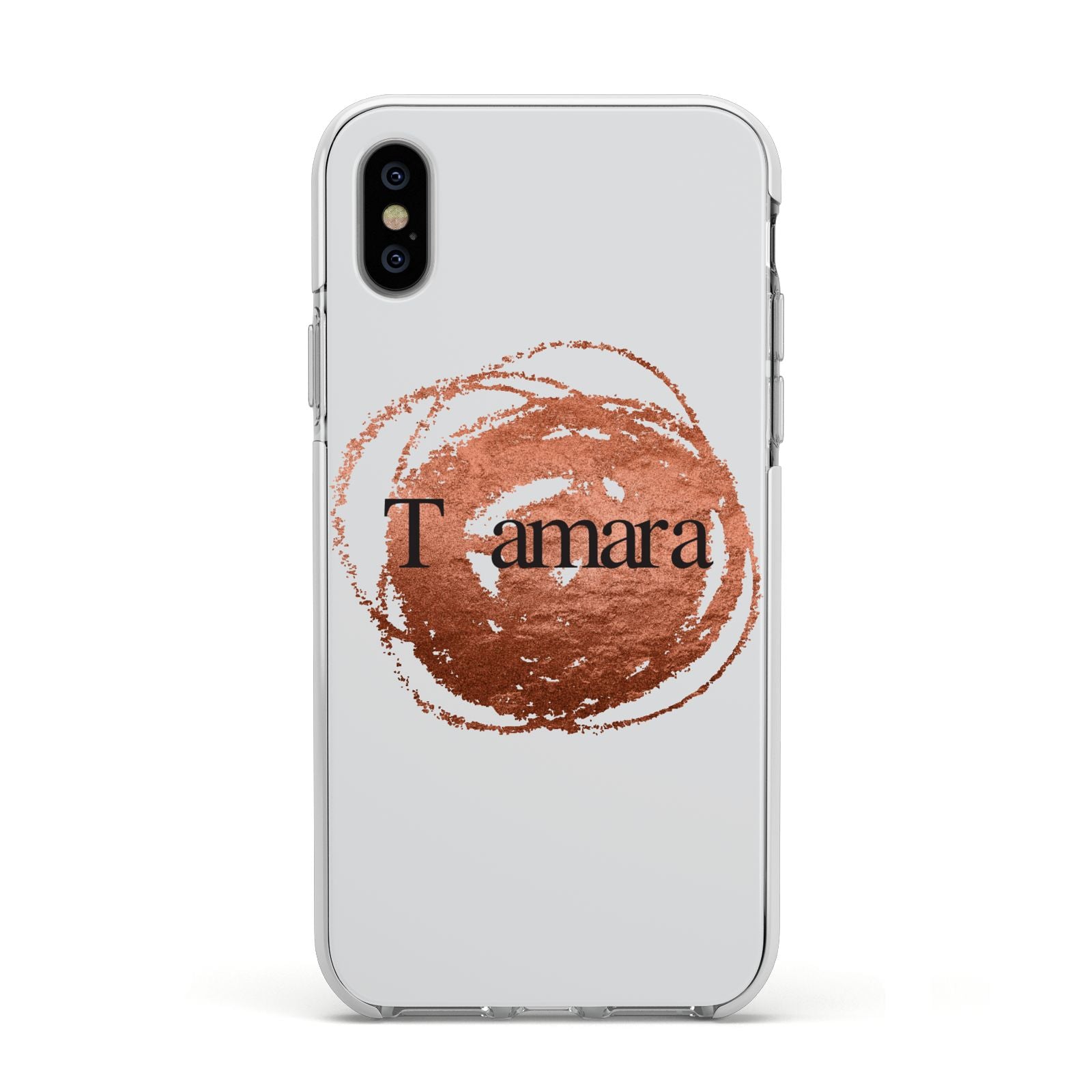 Personalised Copper Effect Custom Initials Apple iPhone Xs Impact Case White Edge on Silver Phone