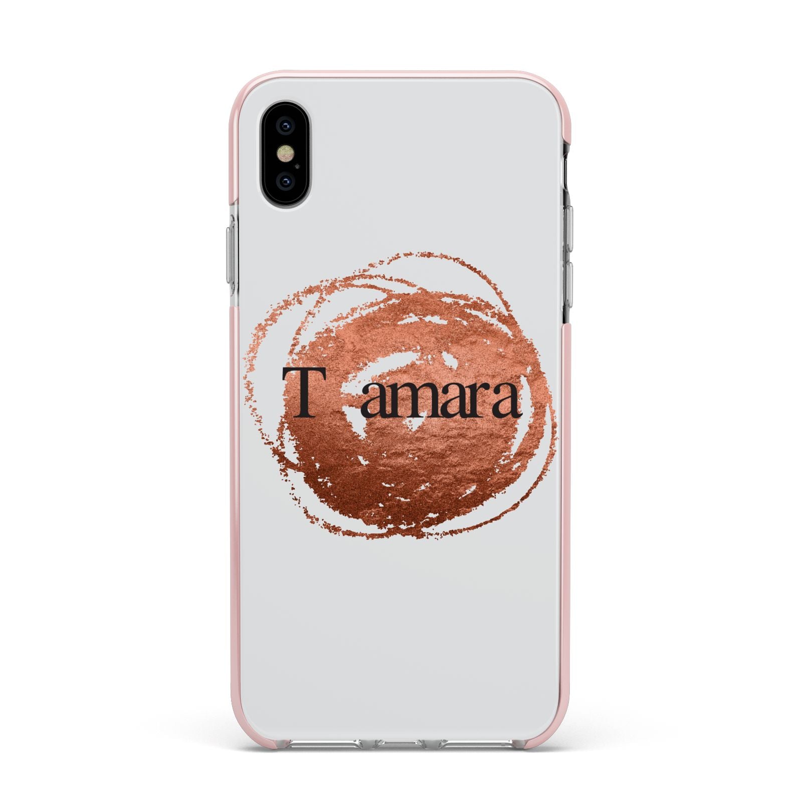 Personalised Copper Effect Custom Initials Apple iPhone Xs Max Impact Case Pink Edge on Silver Phone