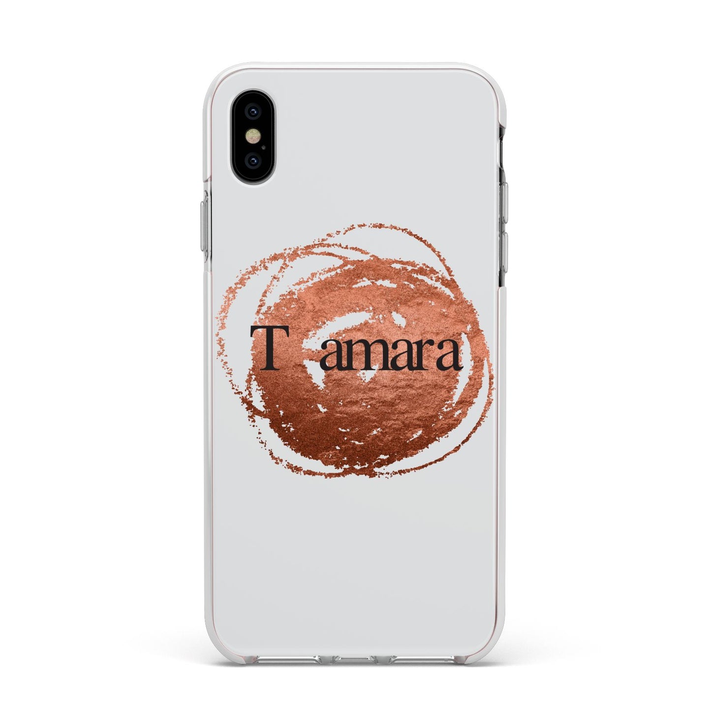 Personalised Copper Effect Custom Initials Apple iPhone Xs Max Impact Case White Edge on Silver Phone