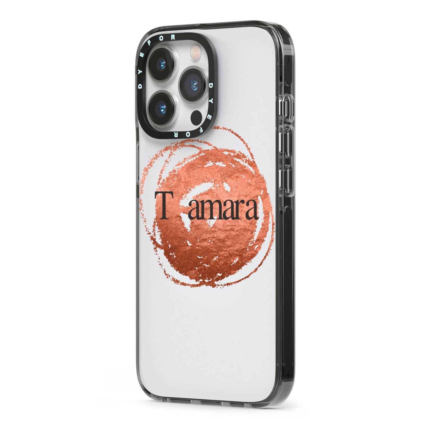Personalised Copper Effect Custom Initials iPhone 13 Pro Black Impact Case Side Angle on Silver phone